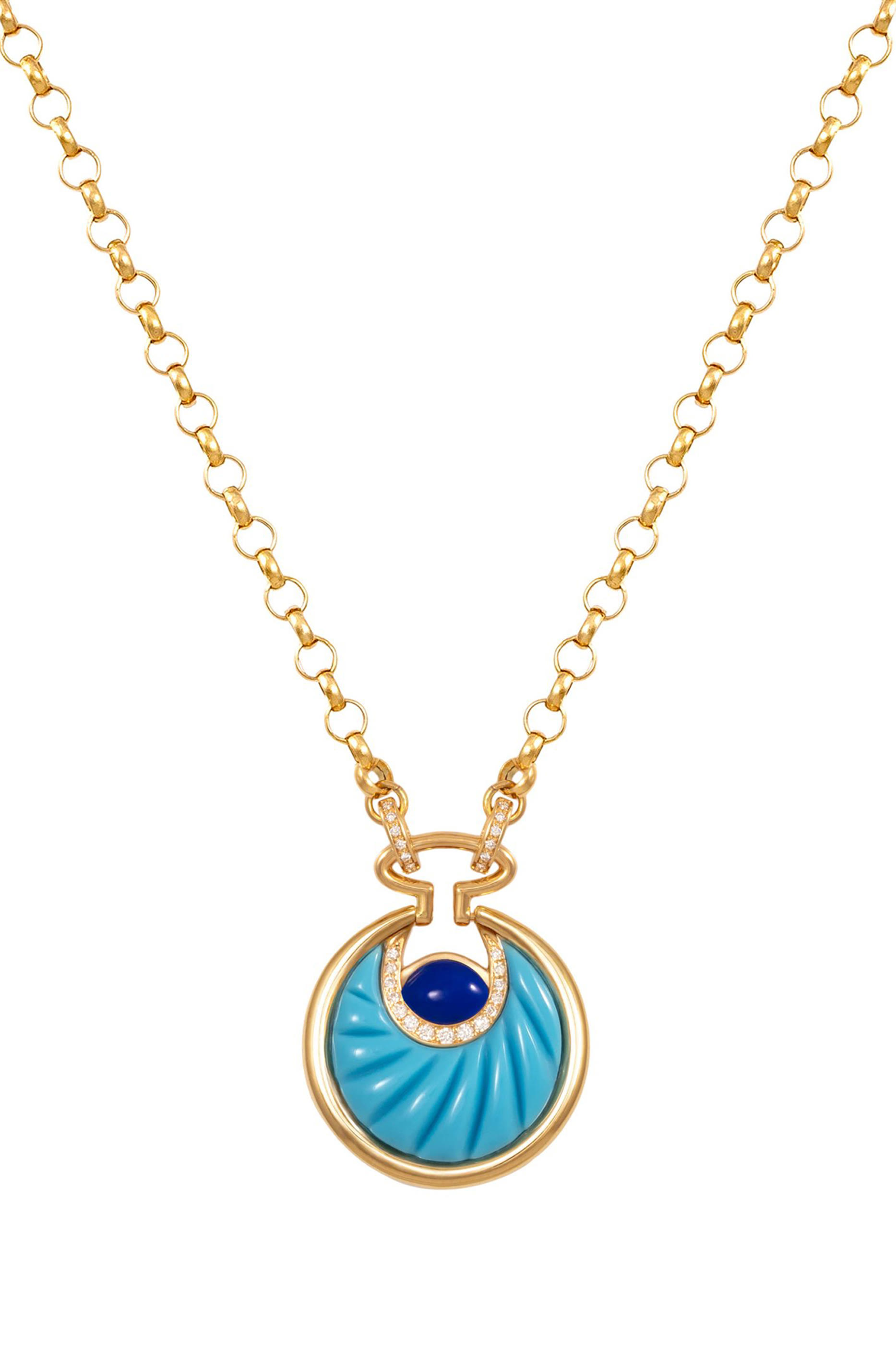Circus Moon Necklace, 18k Yellow Gold with Diamonds, Turquoise & Lapis Lazuli