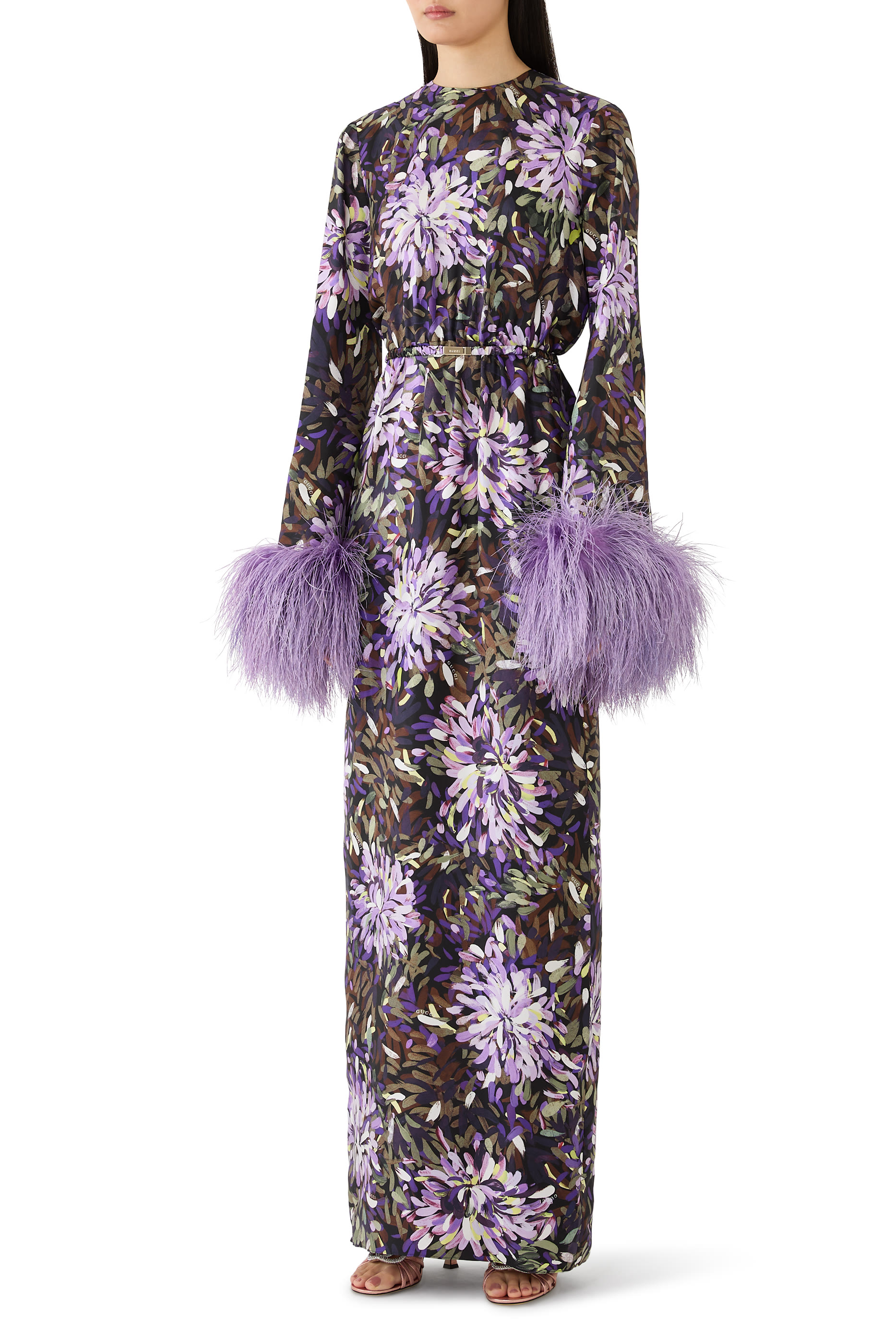 Printed Dress with Feather Cuffs