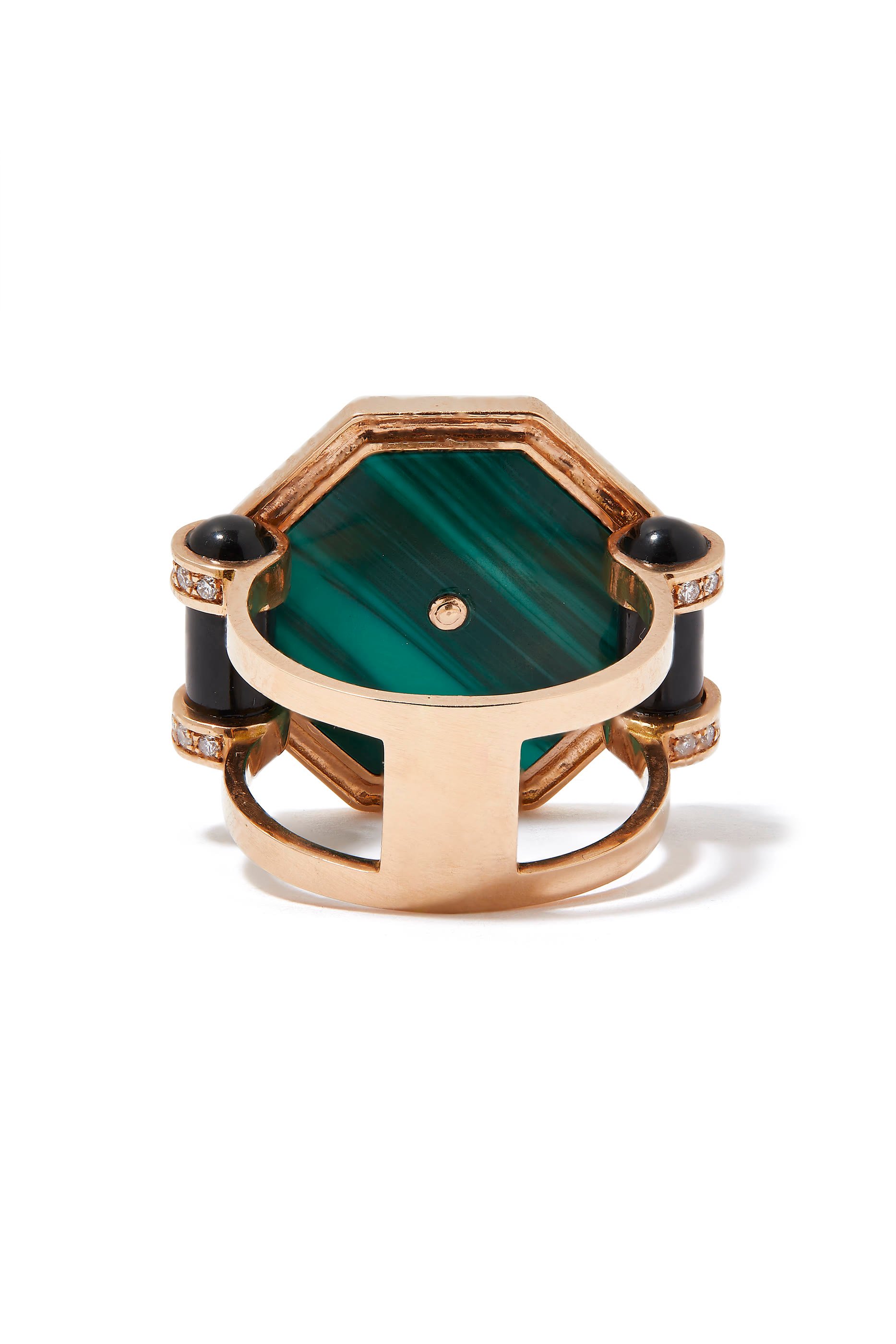 Hexagon Ring, 18k Rose Gold with Diamonds & Onyx, Malachite