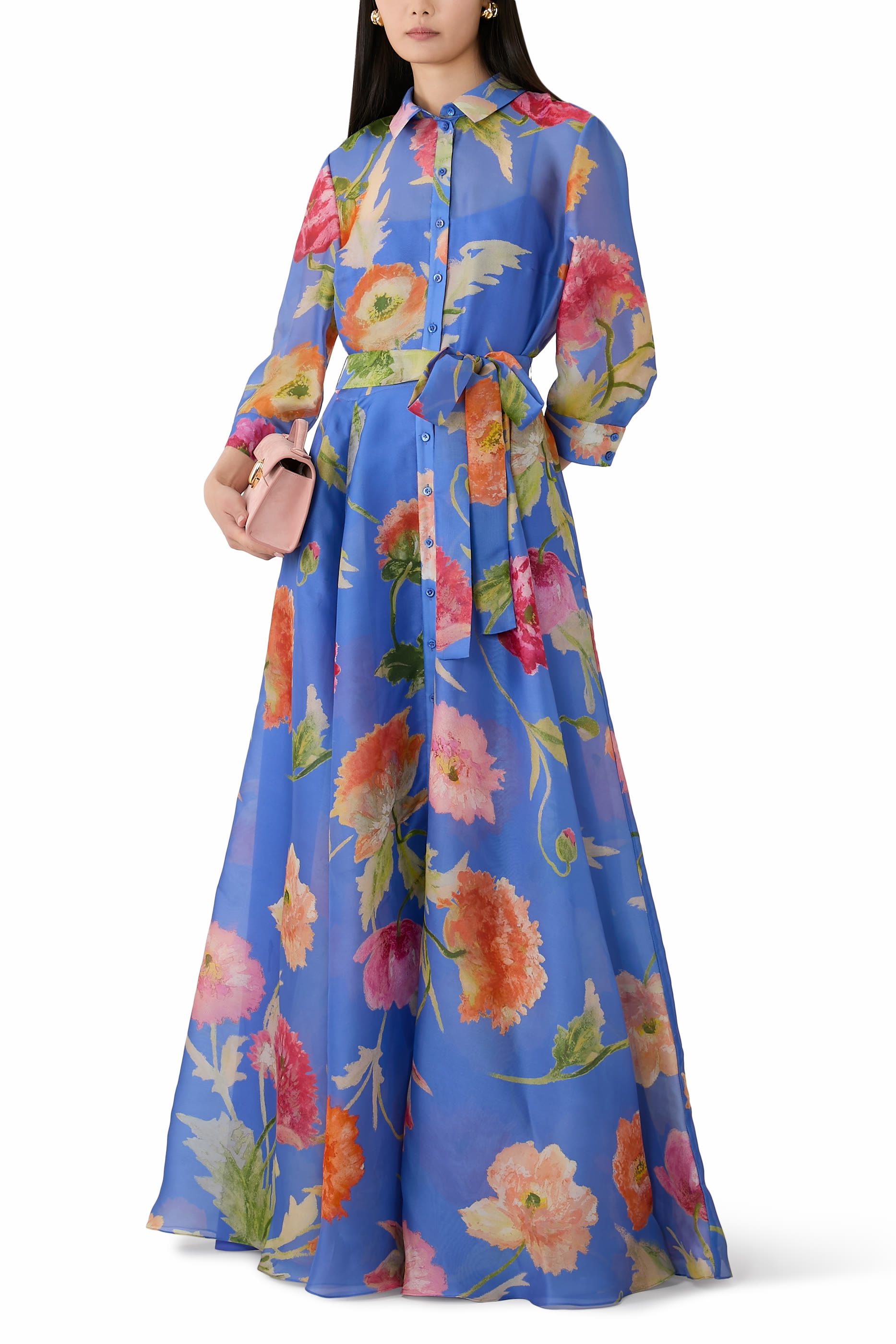  Poppy-Print Organza Trench Gown