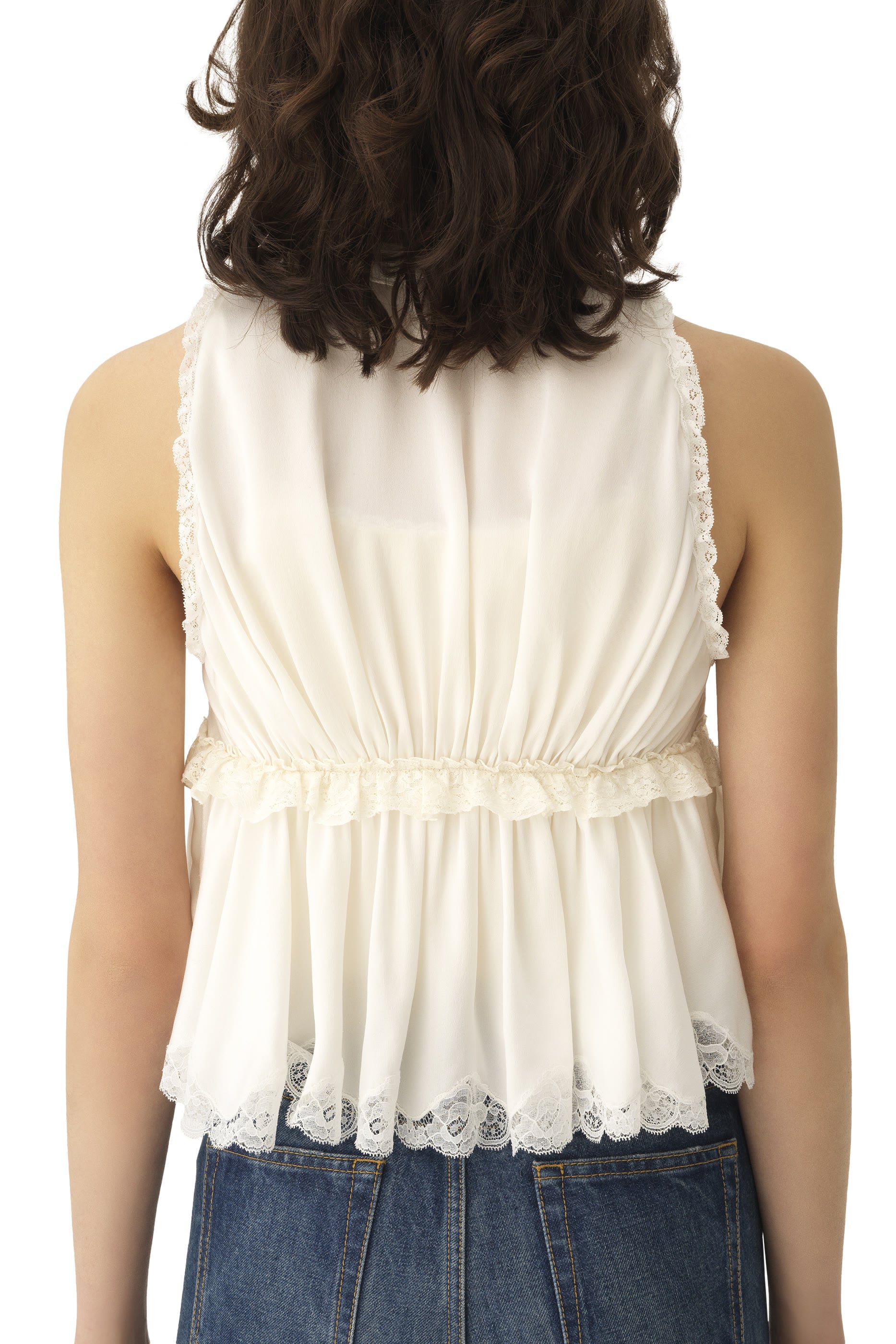  Tie-Front Sleeveless Top in Washed Silk Satin & Lace