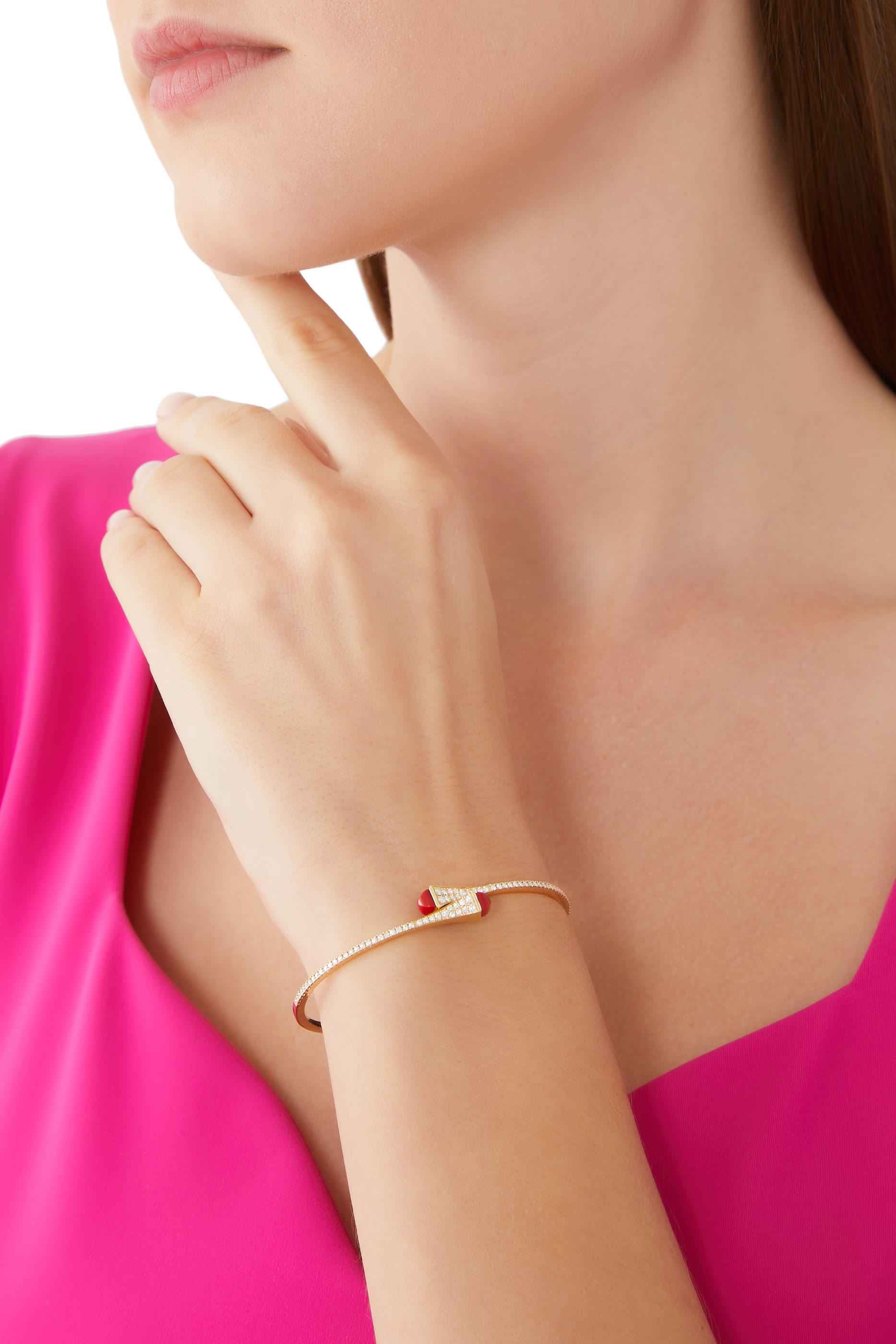 Cleo  Slim Bangle, 18k Yellow Gold with Red Coral & Diamonds