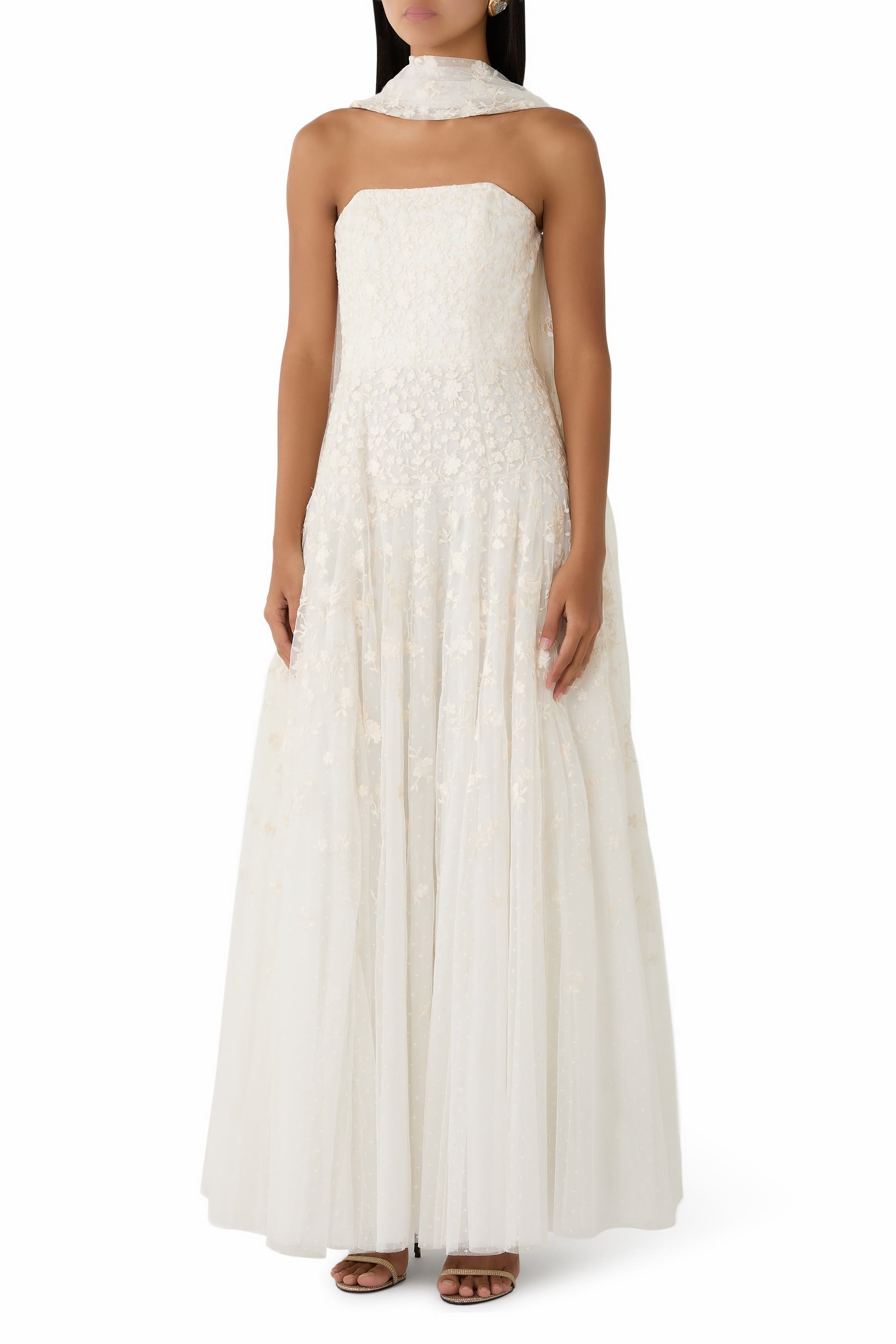 Lea Ditsy Strapless Cape Gown