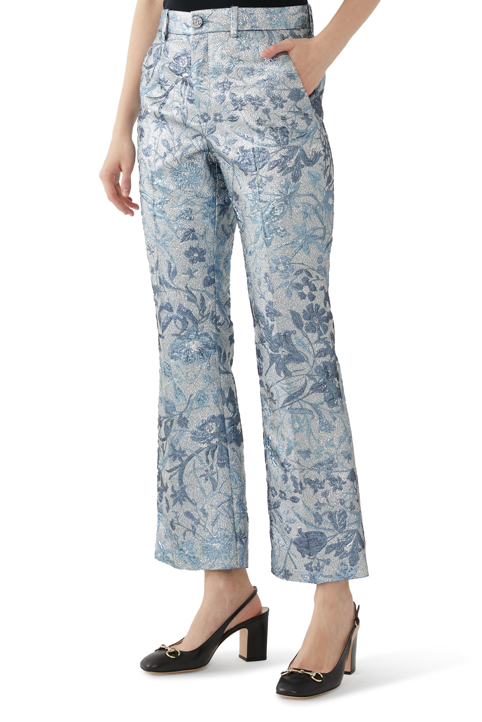 Flared Floral Lam&eacute; Brocade Pant