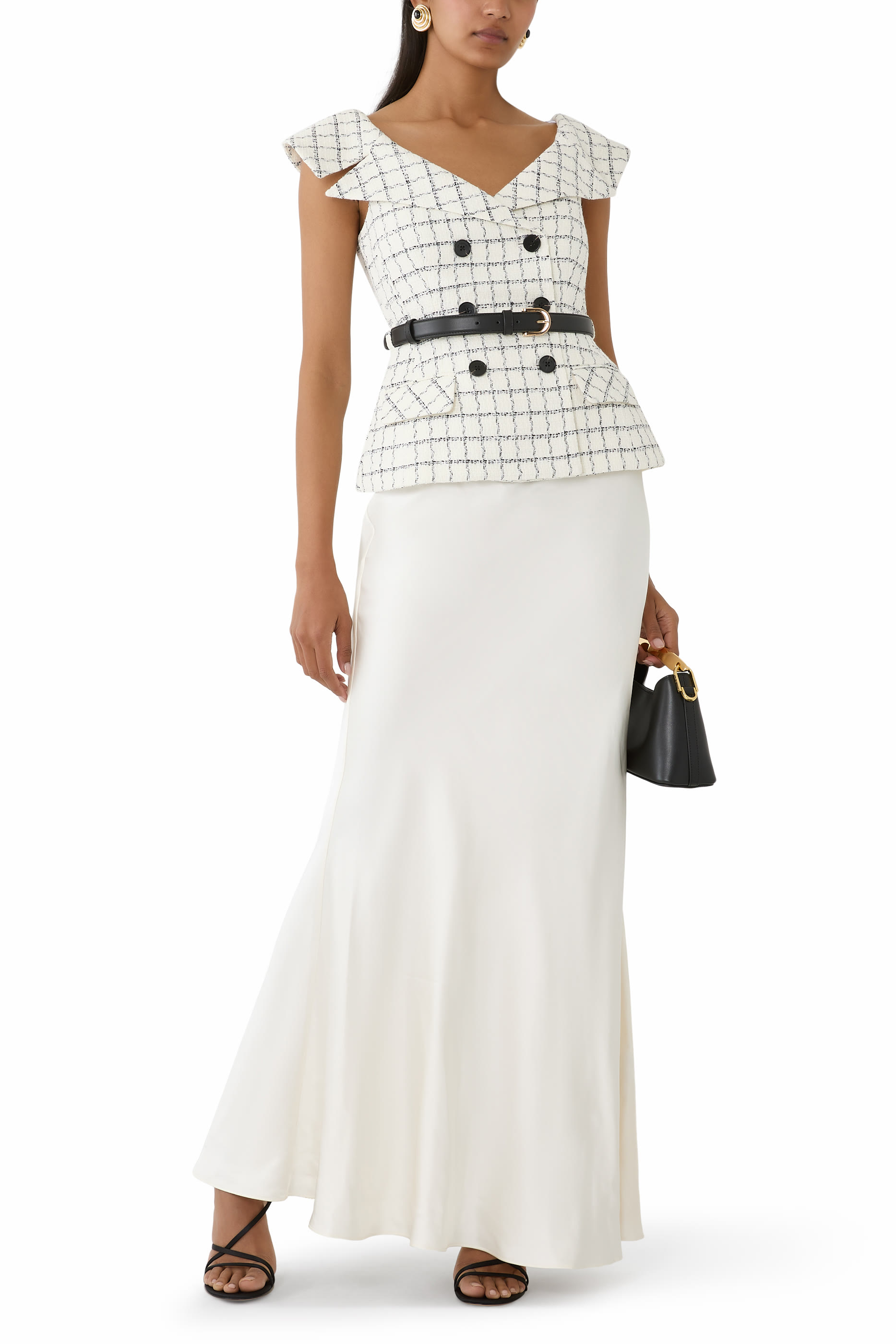 Check Boucl&eacute; Satin Maxi Dress