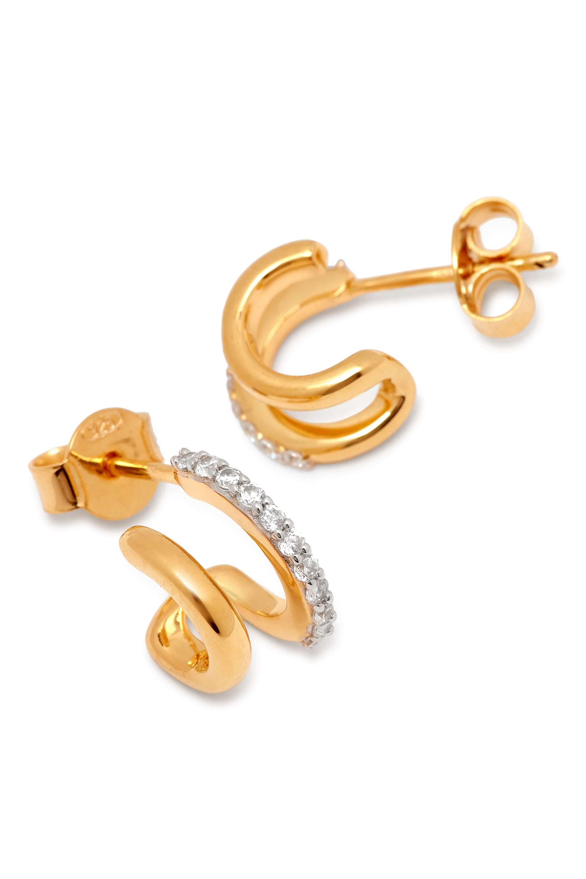 Classic Double Huggies, 18K Yellow Gold with Sterling Silver & Cubic Zirconia
