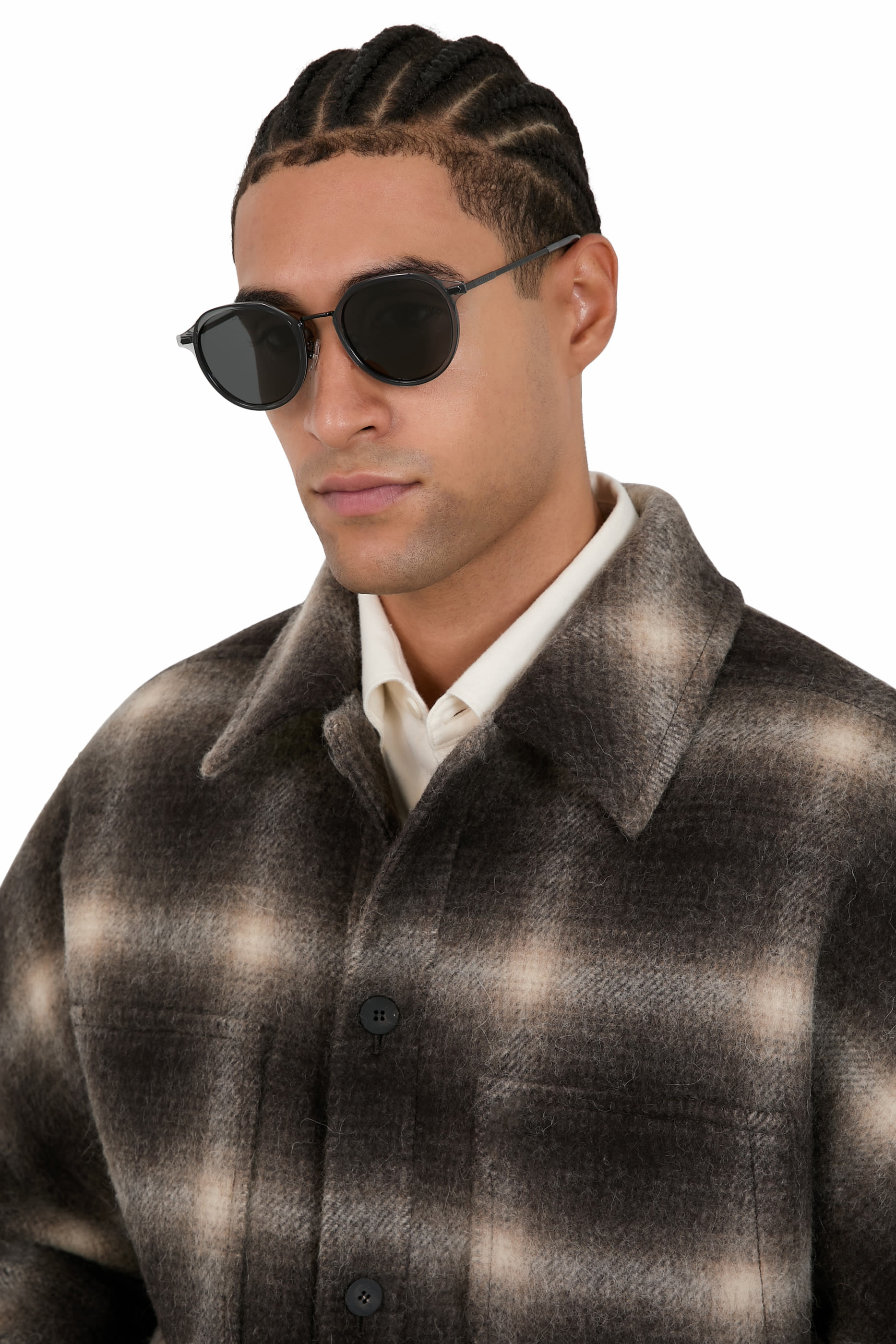 Round-Frame Metal Cross Hatch Temple Sunglasses