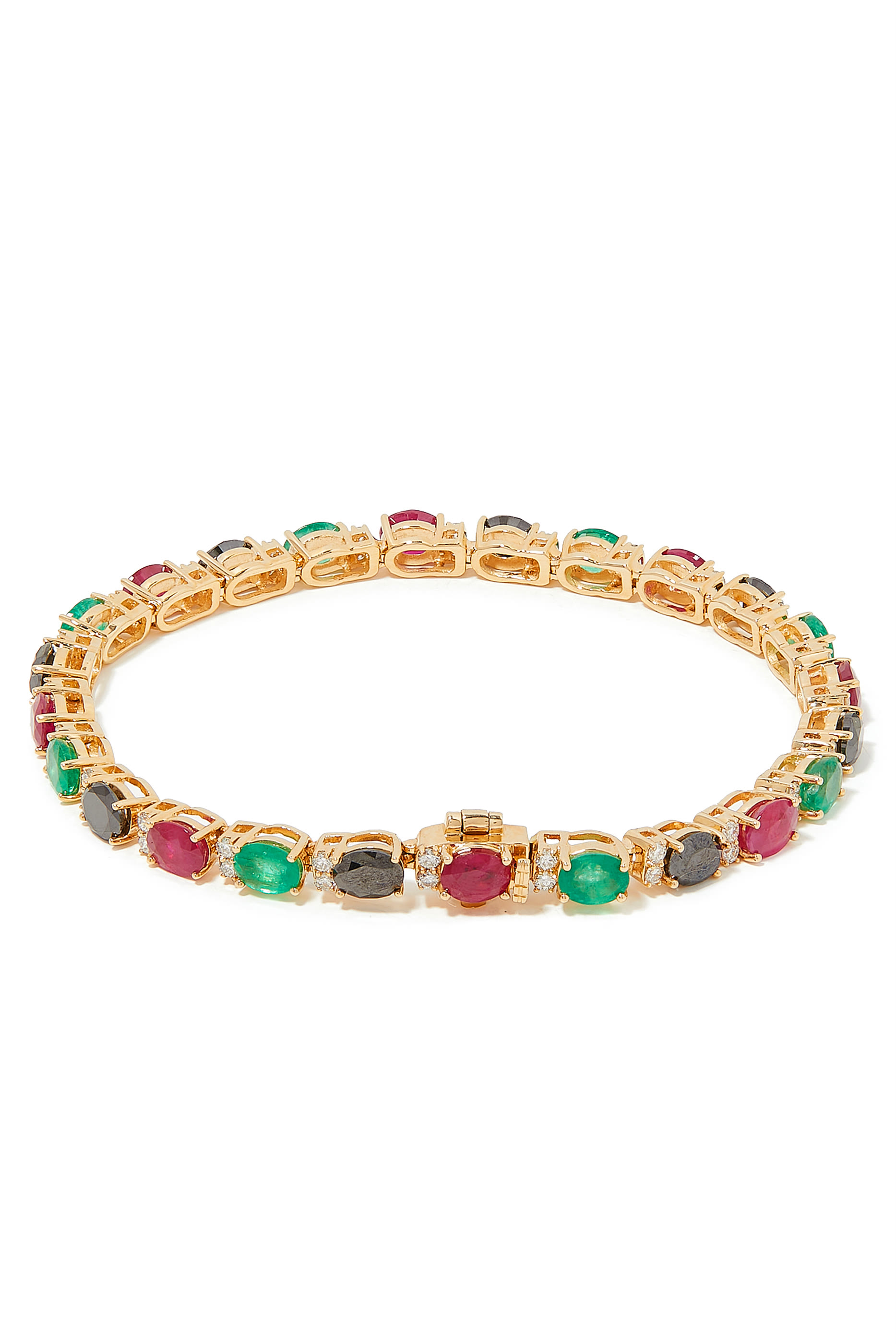 Tennis Bracelet, 14k Yellow Gold with Rubys, Blue Sapphires, Emeralds & Diamonds