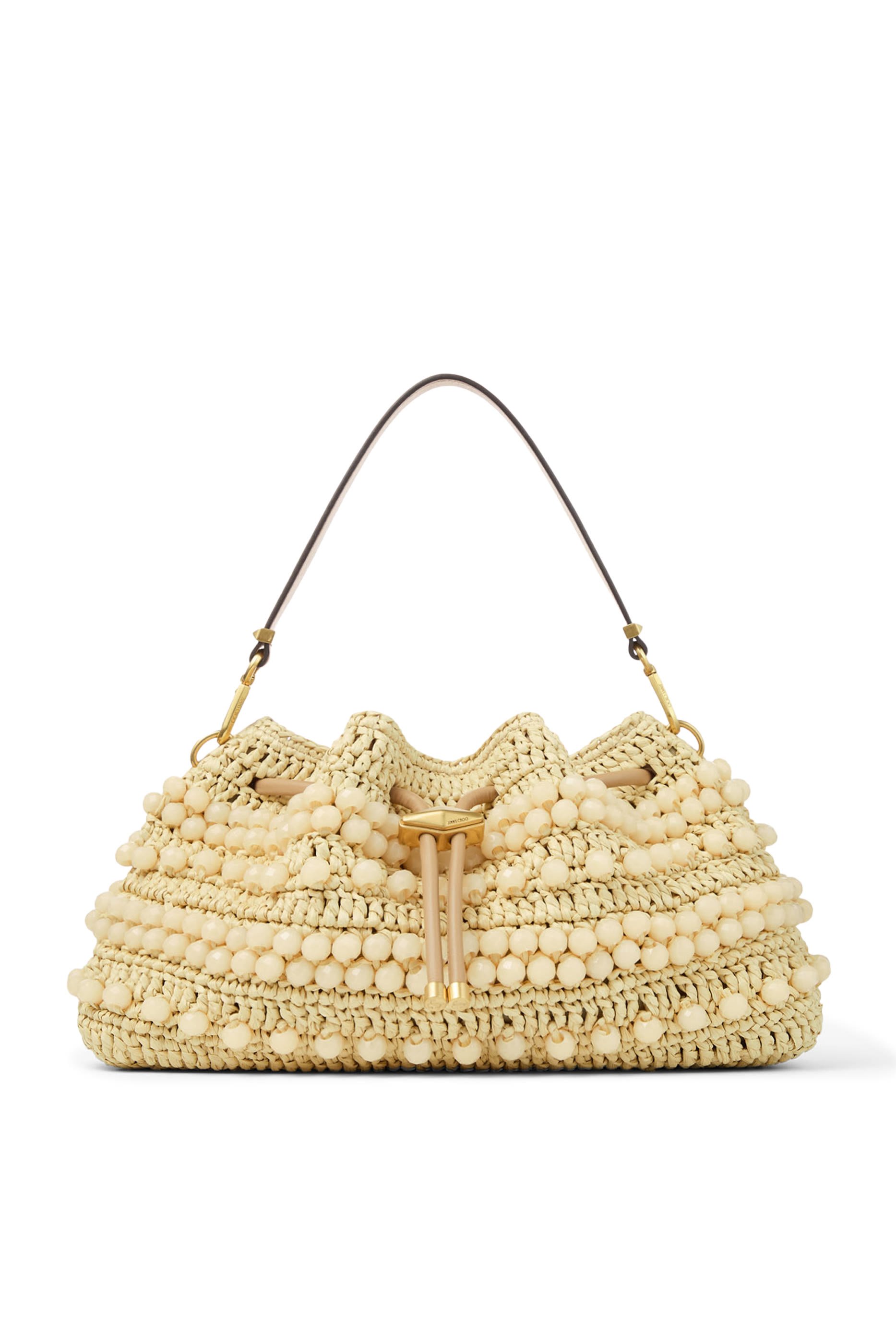 Cinch Beaded Raffia Bucket Bag