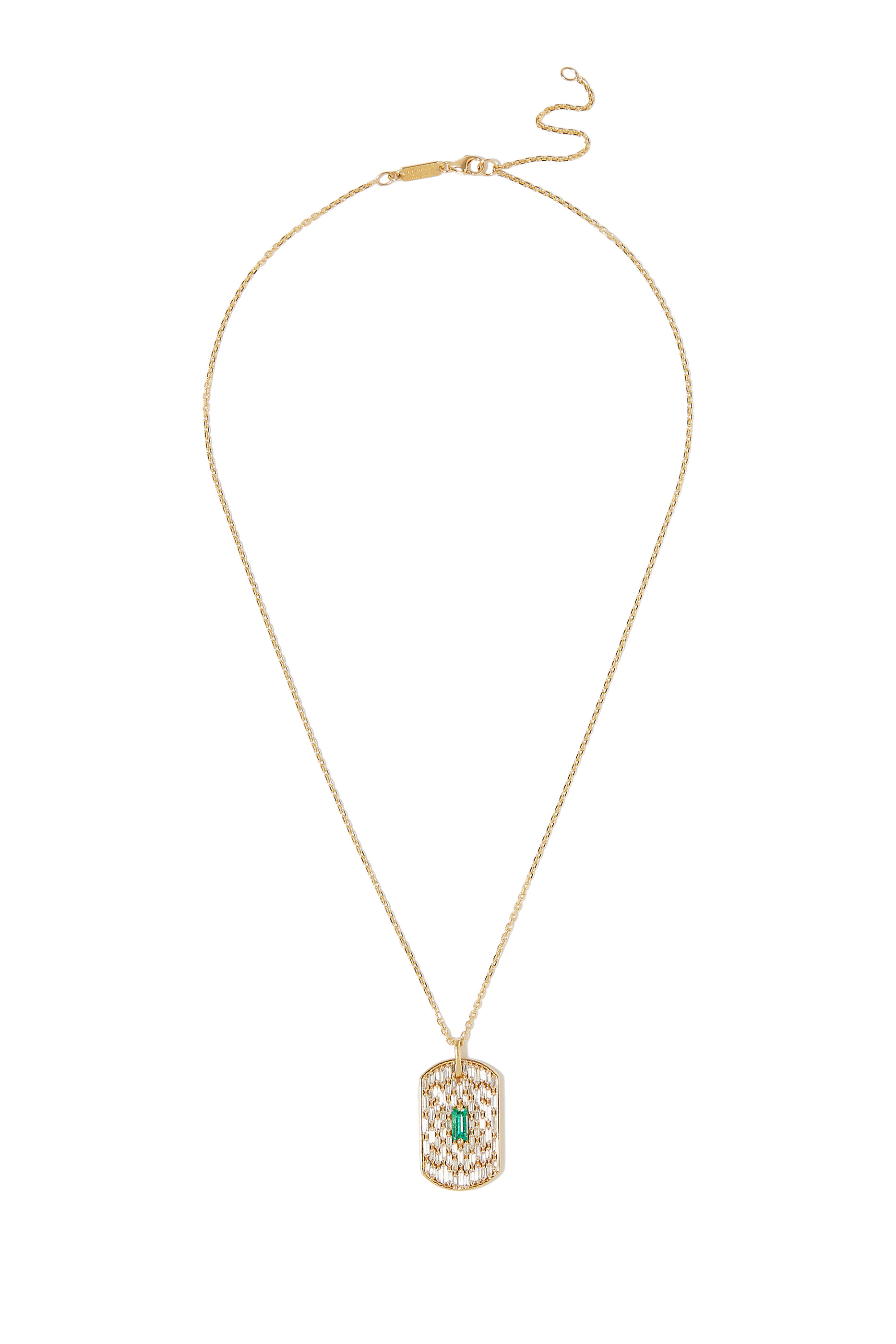 Dog Tag Chain Necklace, 18K Yellow Gold with Emerald & Diamond