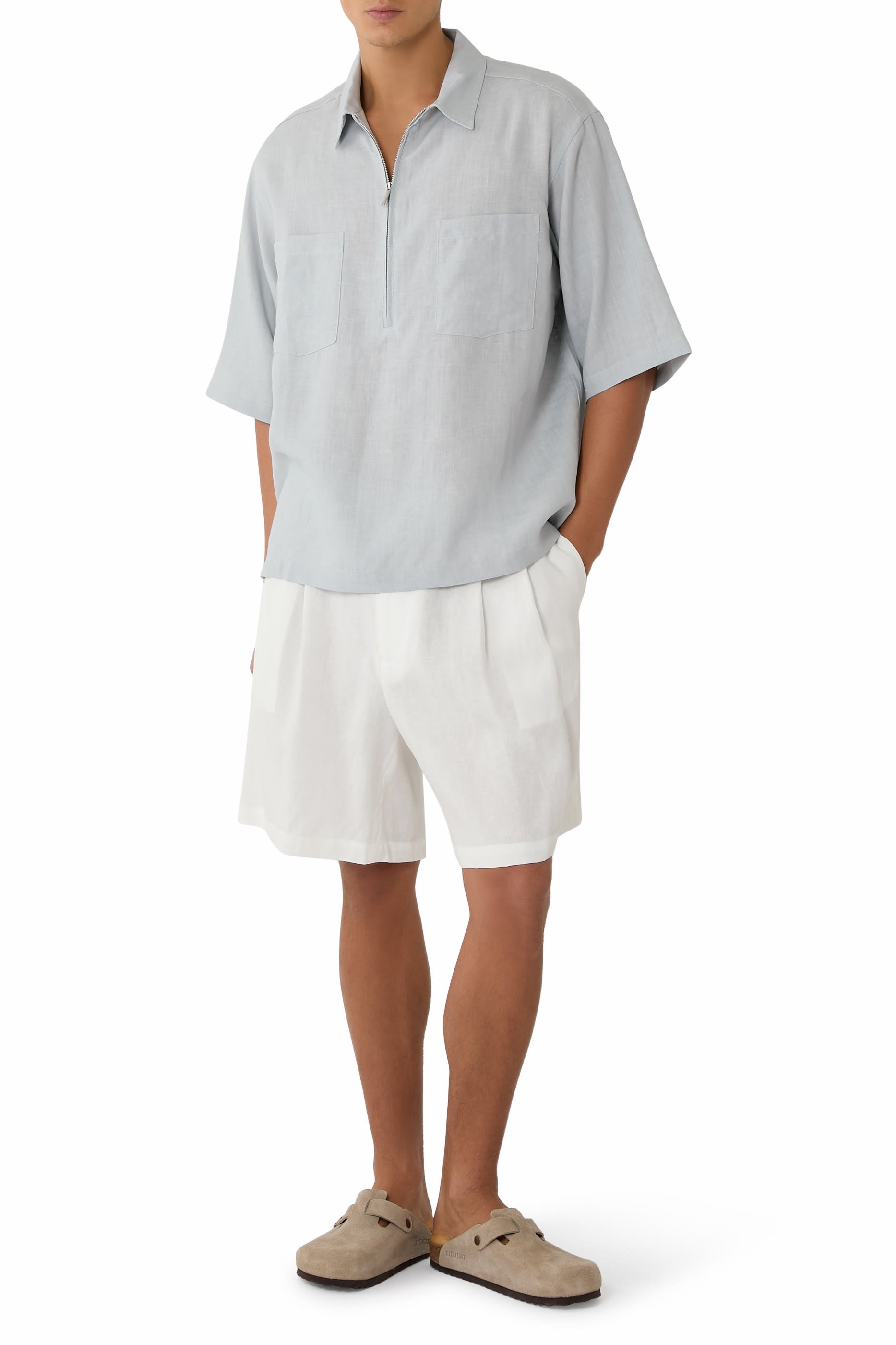 Pure Linen Shirt With Partial Zip