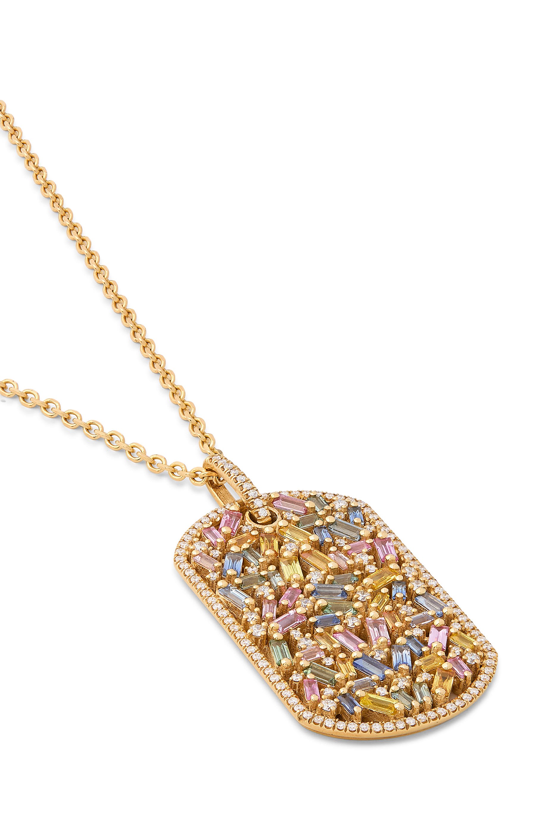 Fireworks Sapphire Large Dog Tag Pendant, 18K Yellow Gold, Diamonds & Sapphires