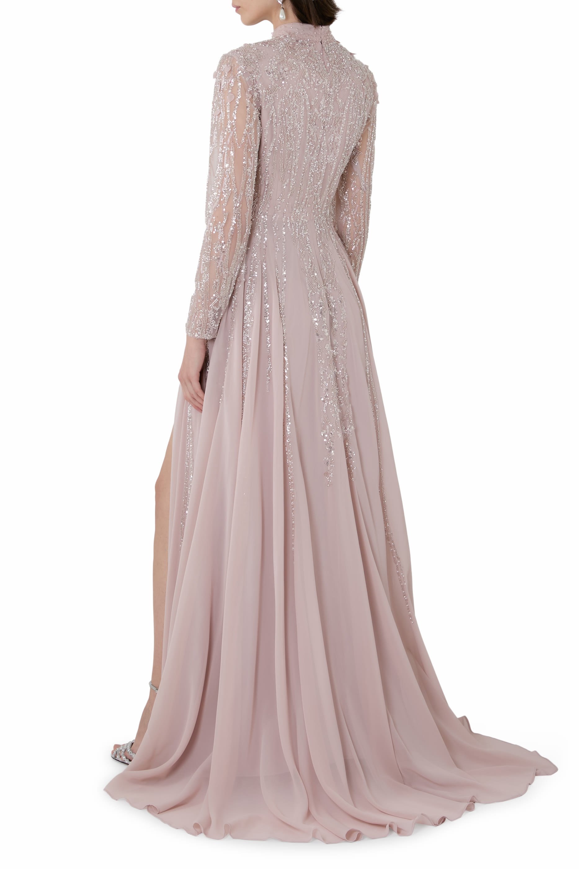  Embellished Long Sleeve Gown with Slit 