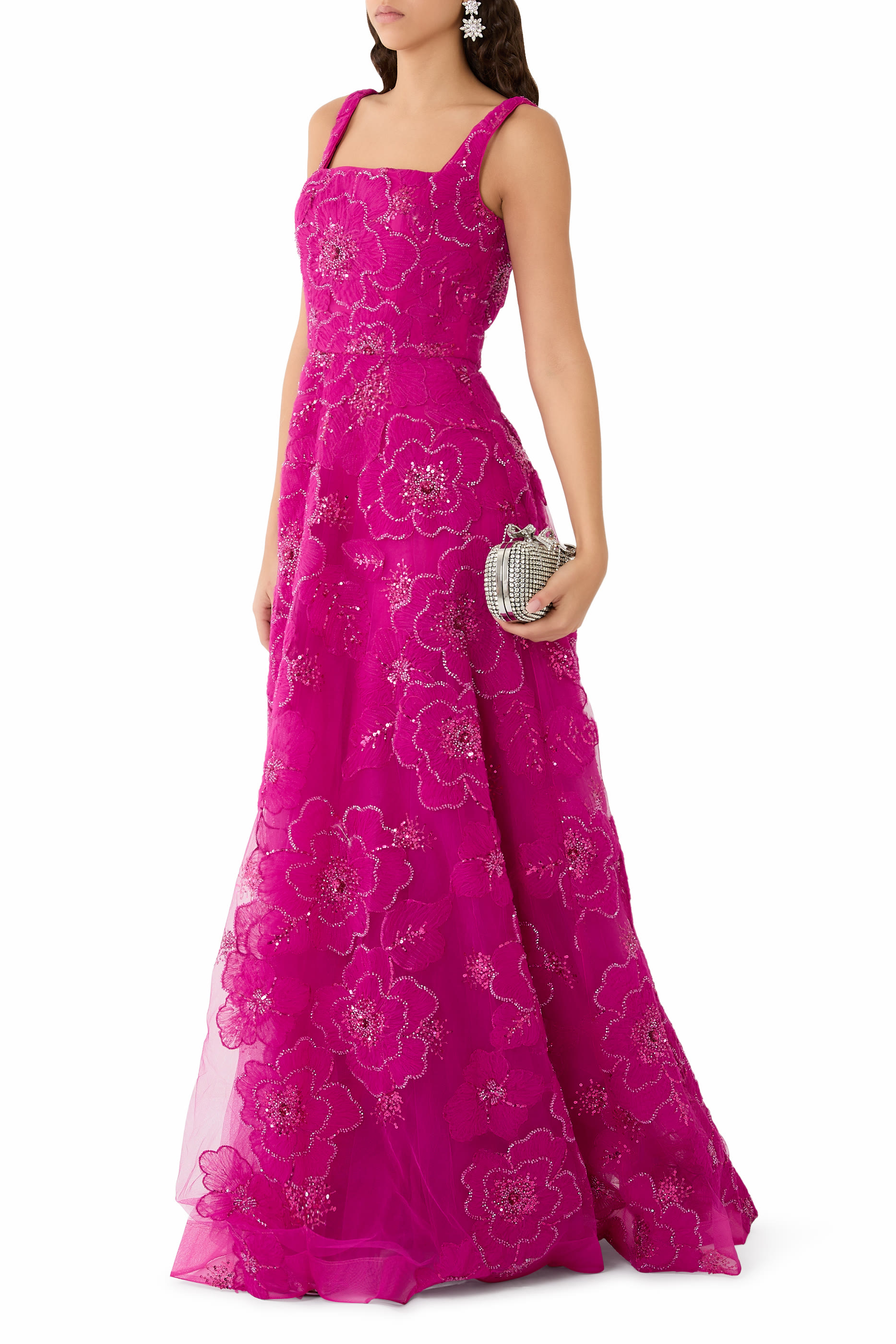 Floral Embellished Square Neck A-Line Gown