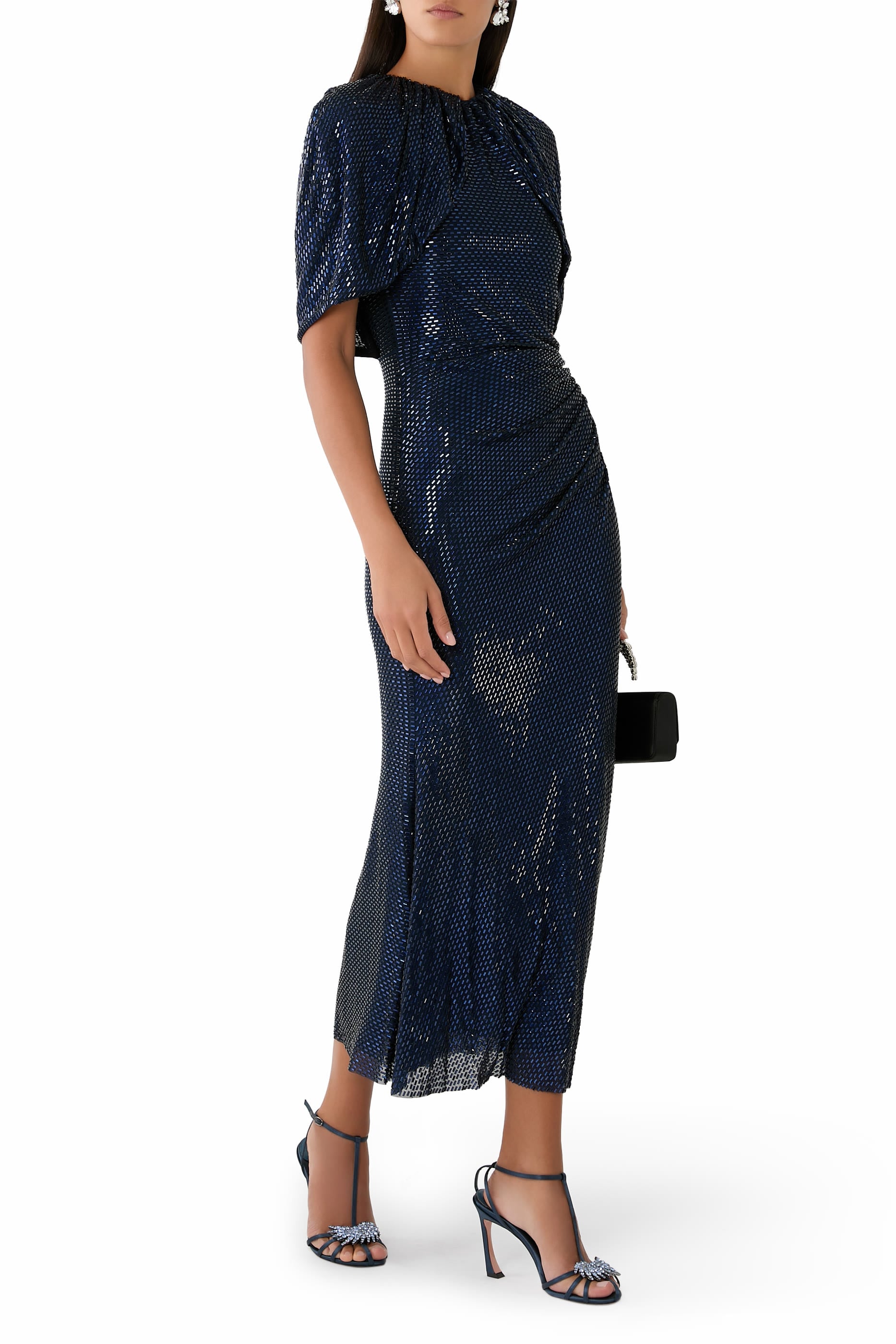 Rhinestone Cape Sleeves Midi Dress