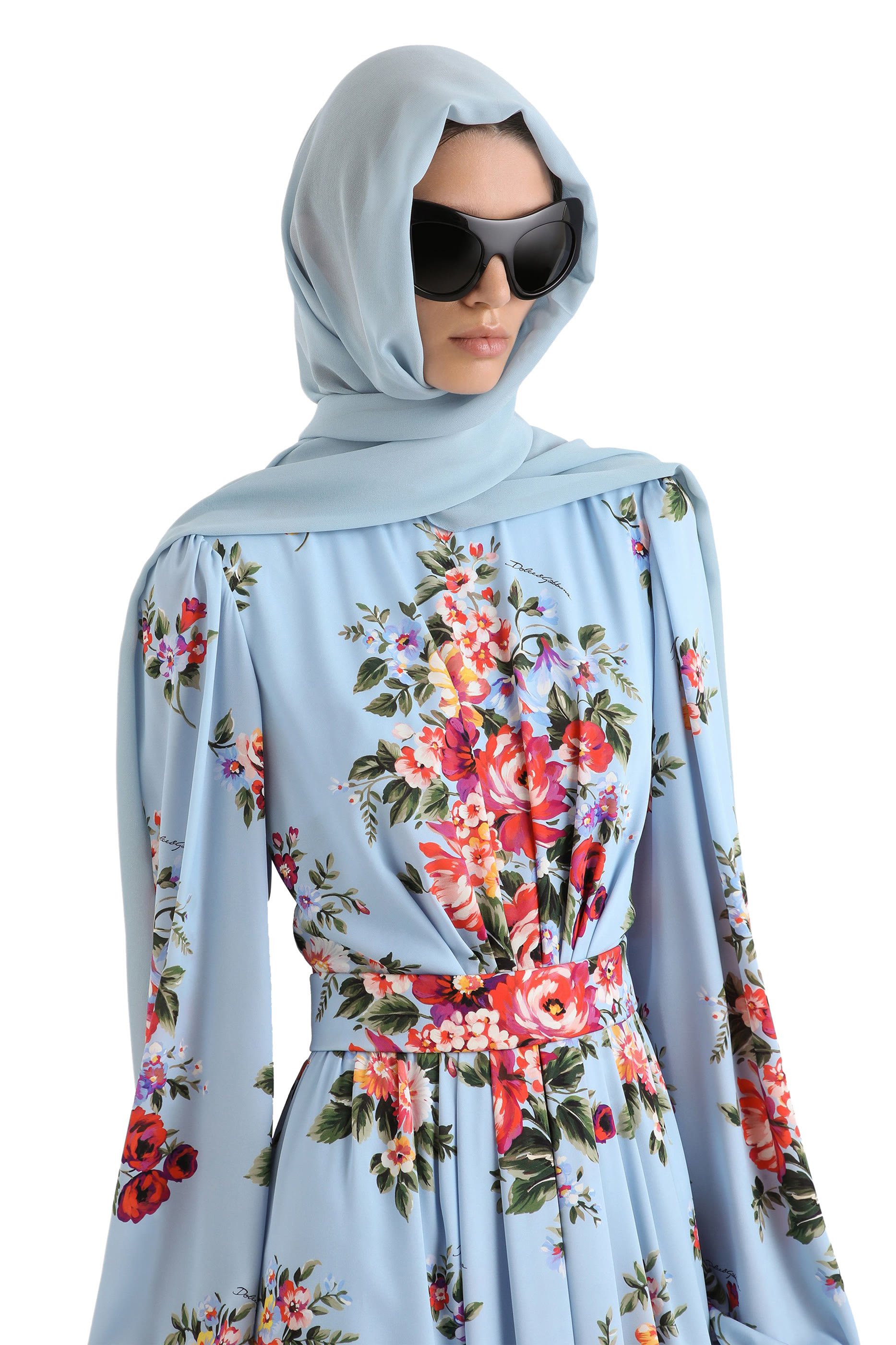 Flower Bouquet-Print Charmeuse Dress