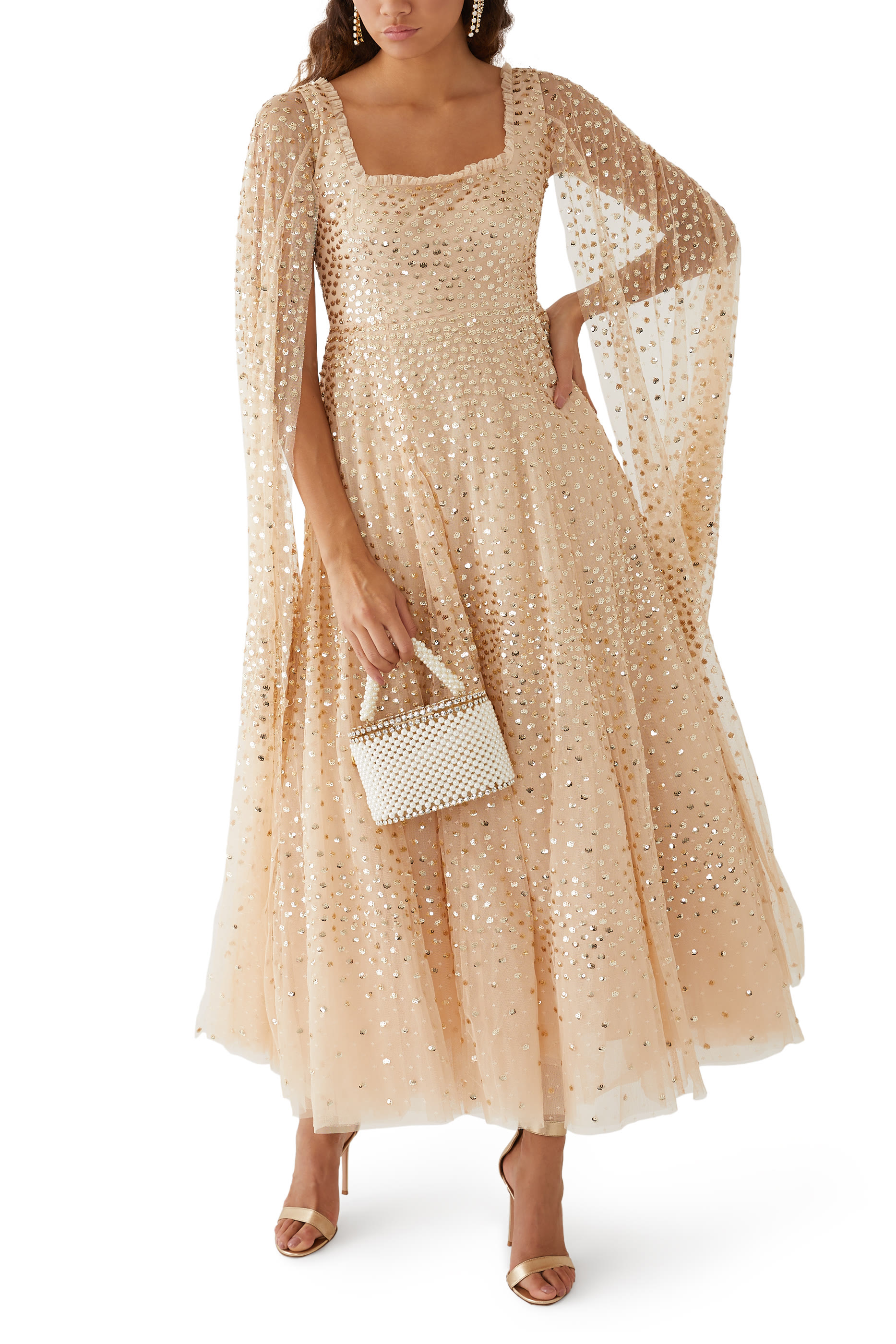 Scatter Dot Cape Sleeve Ankle Gown