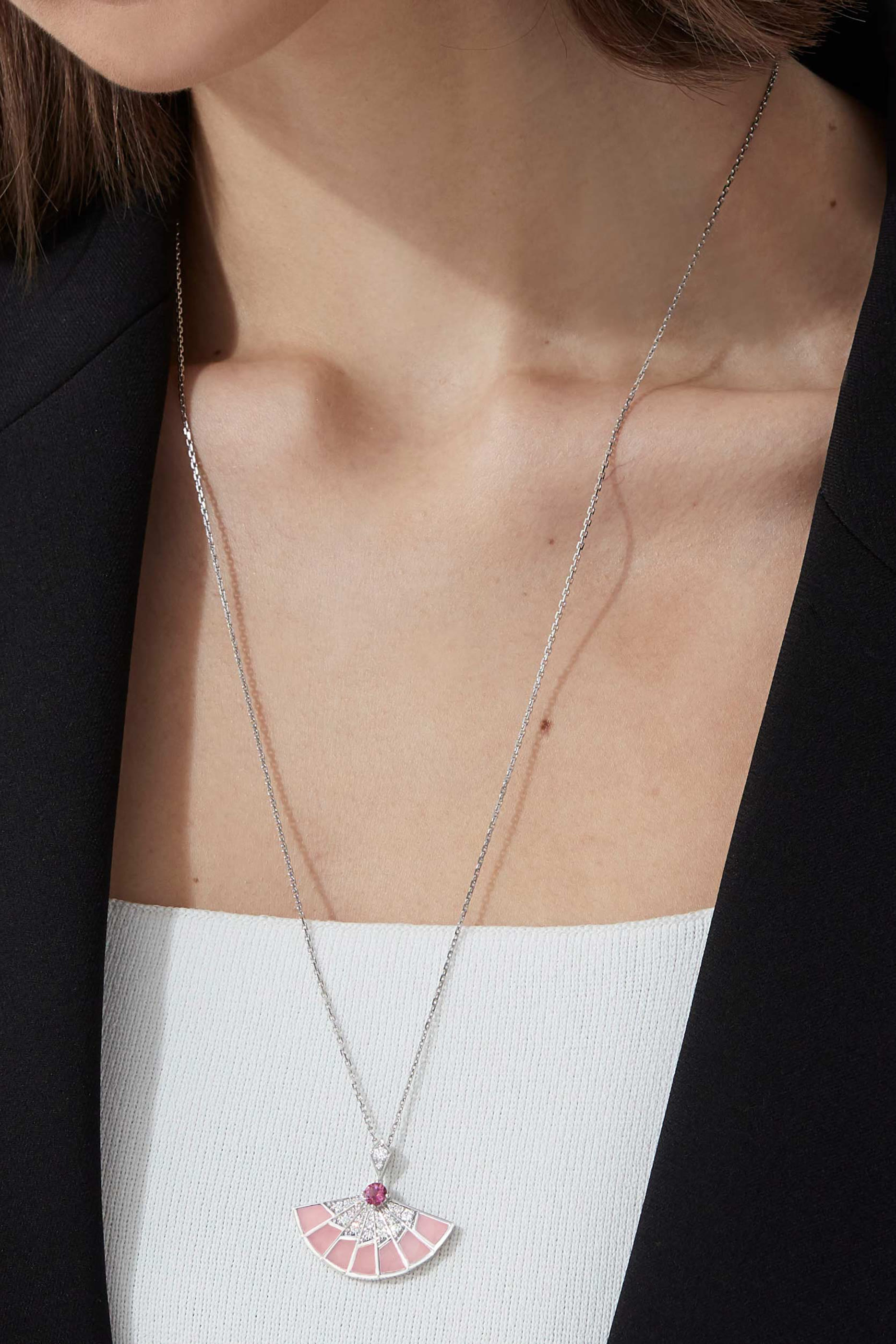 Fanfare Symphony Slider Pendant, 18K White Gold with Pink Tourmaline, Diamonds and Pink Opal