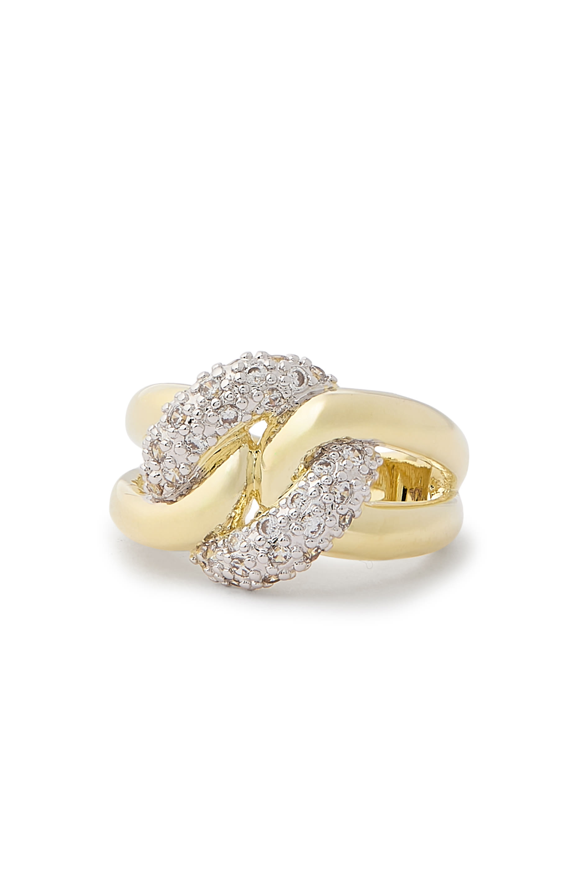 Crossover Ring, 14K Gold Plated Brass & Cubic Zirconia