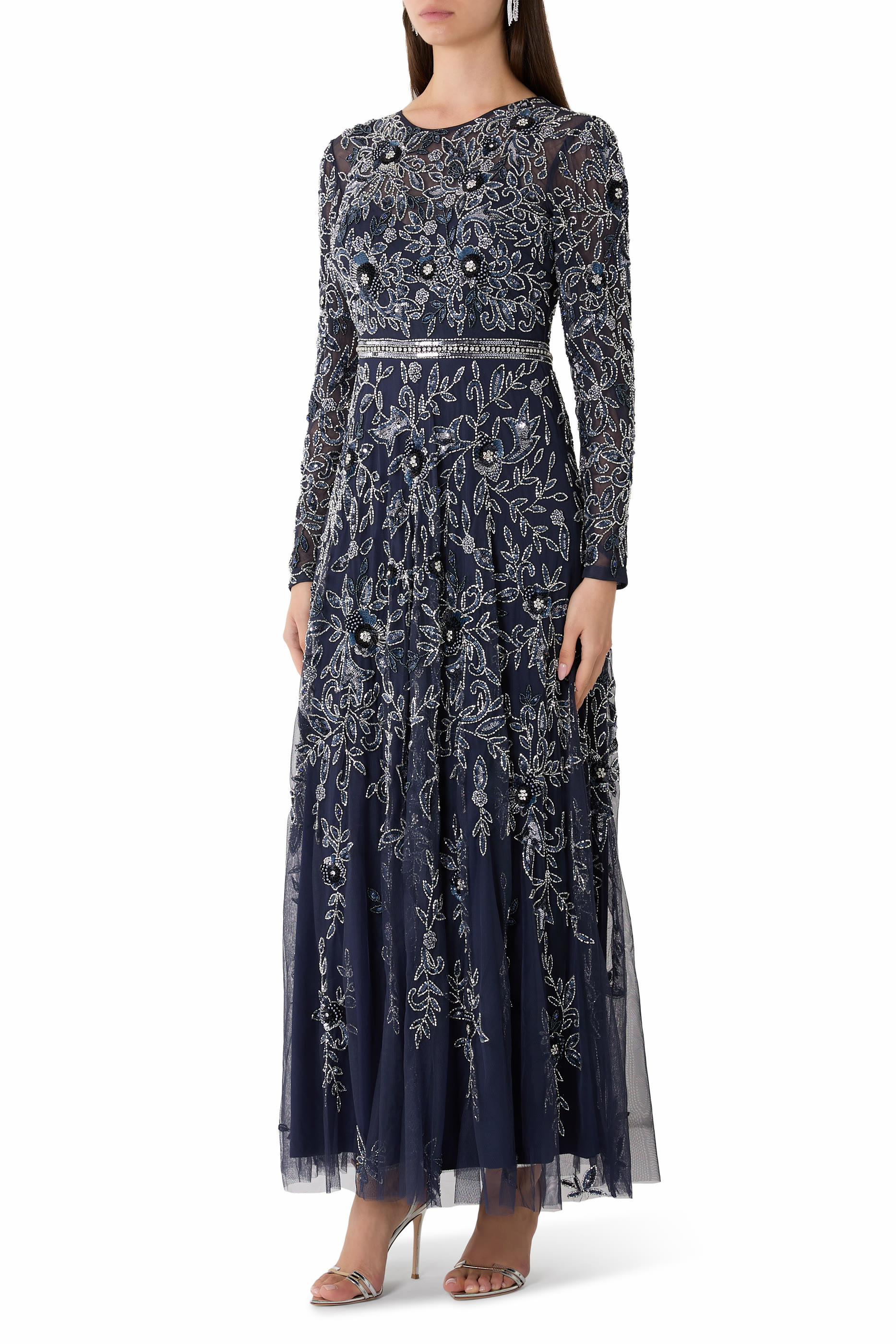 Floral Embellished A-Line Long Sleeves Gown