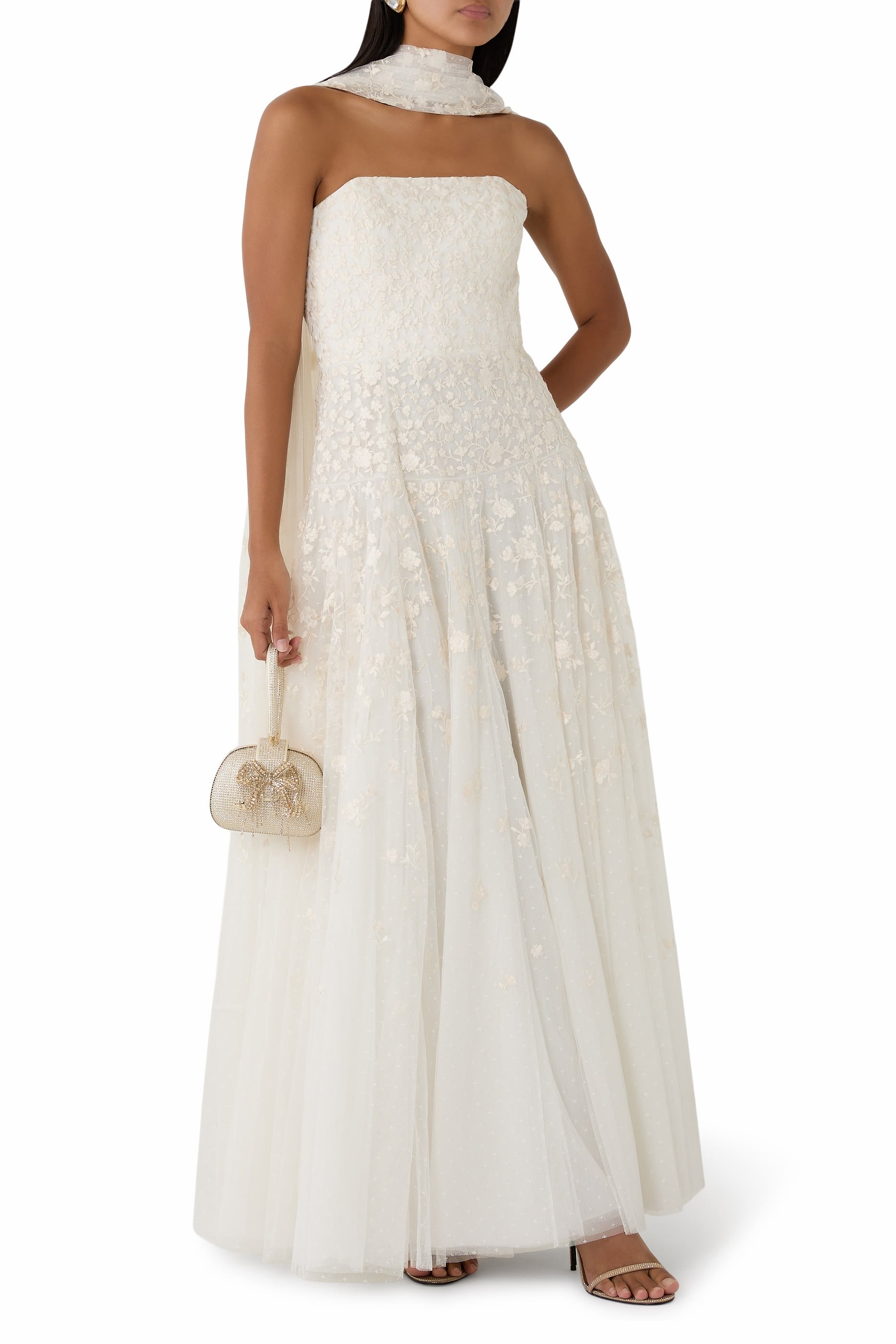 Lea Ditsy Strapless Cape Gown