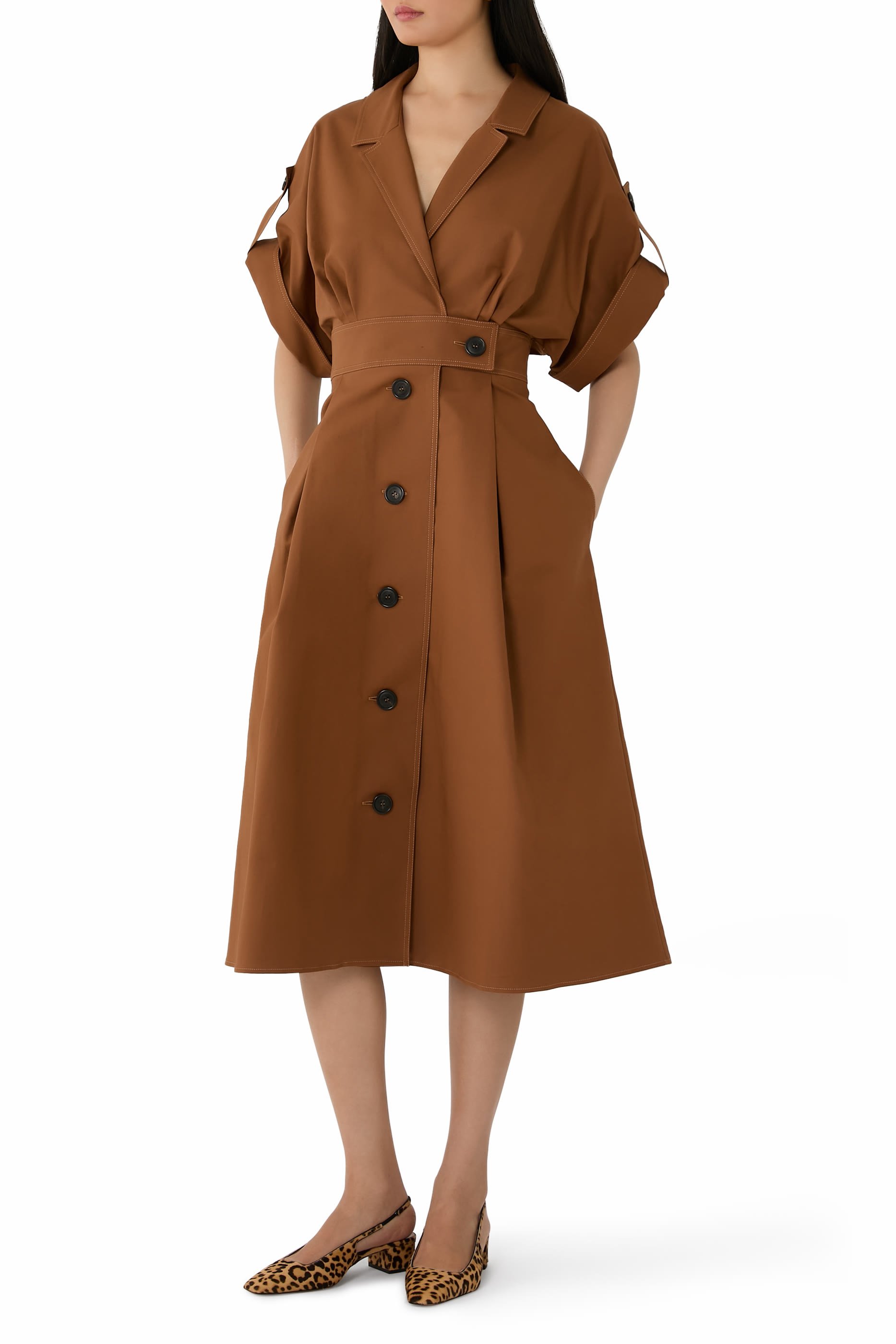 Wide Sleeves Belted Sateen Shirtdress