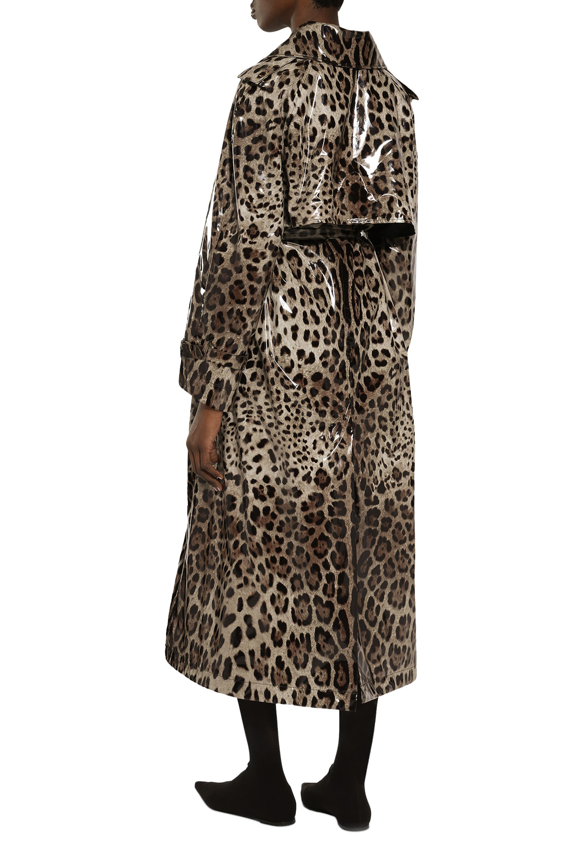 Leopard-Print Coated Satin Trench Coat