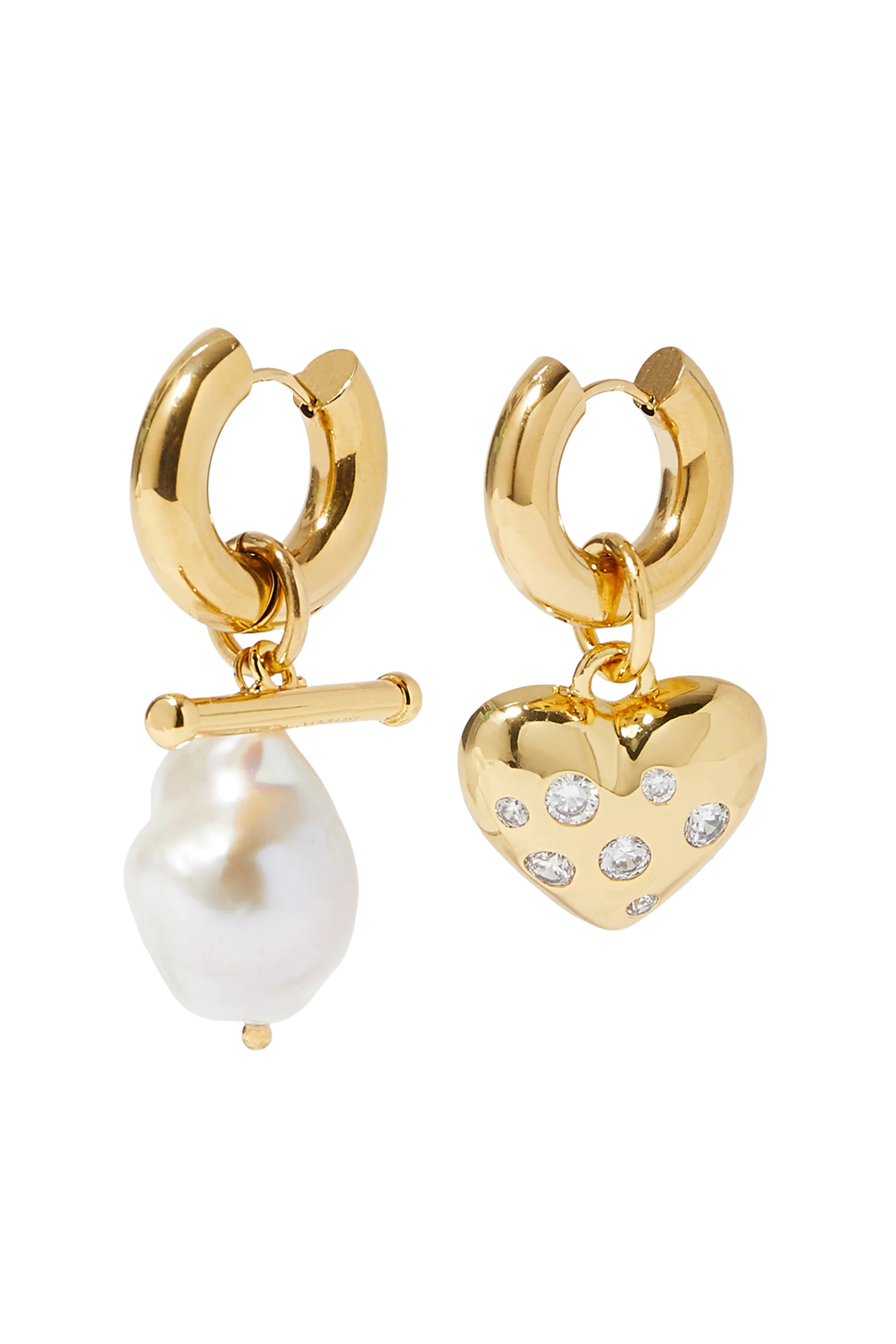 Heart and Pearl Earrings, 24k Gold Plated Brass, Freshwater Pearls & Crystals