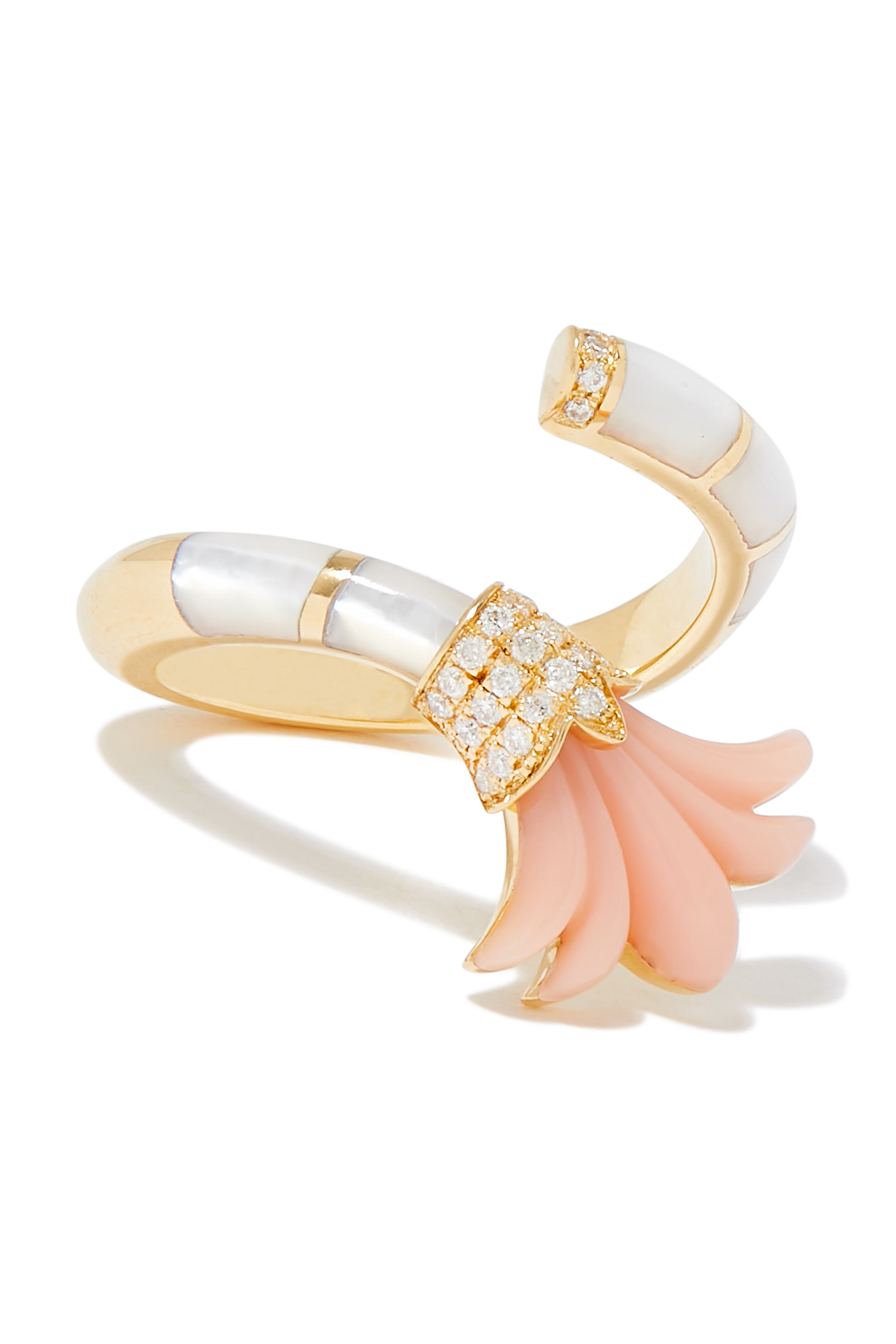 Psychedelia On A Vine Pinky Ring, 18k Yellow Gold with Pink Coral, Mother of Pearl and Diamonds