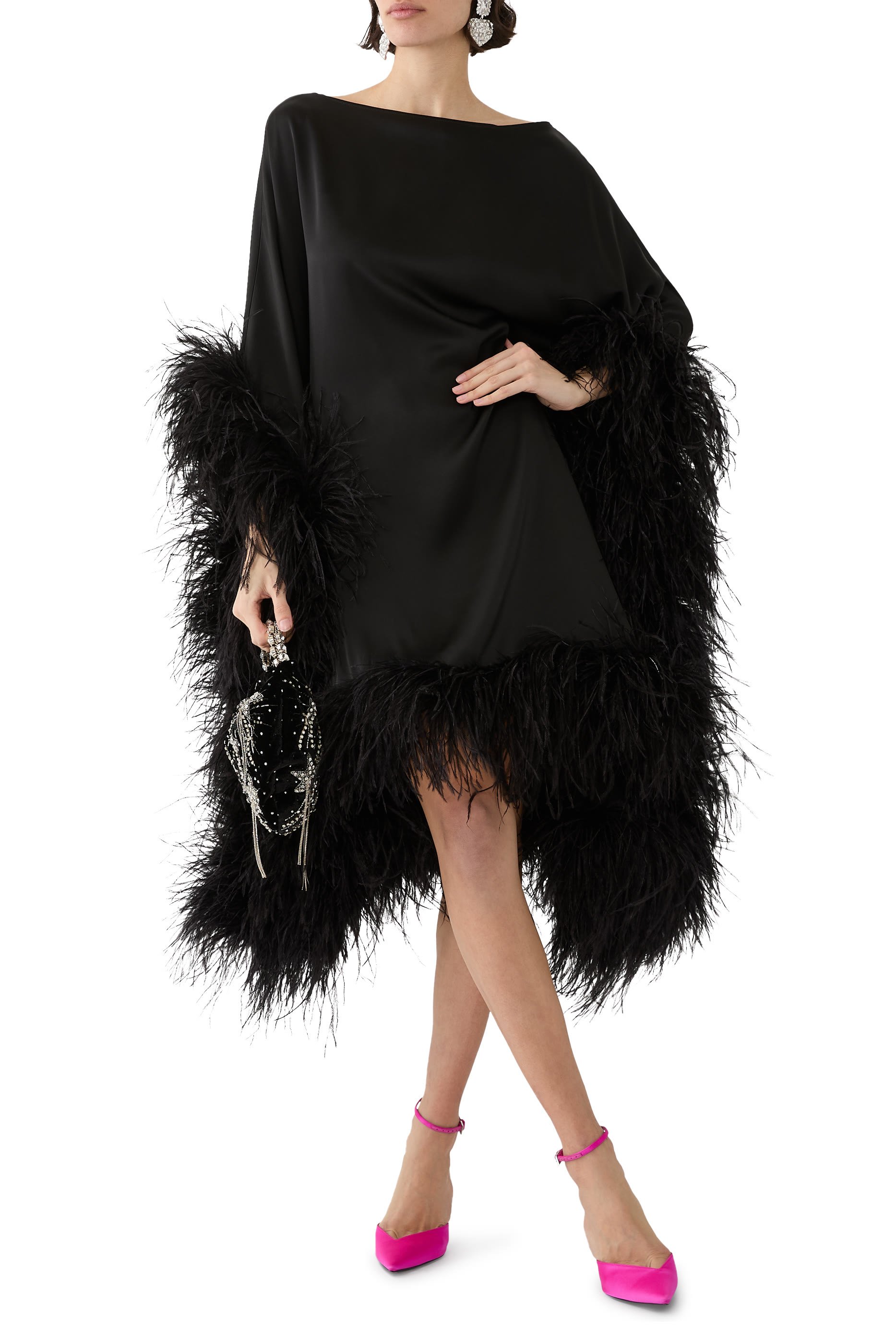 Satin Cape Dress With Feathers