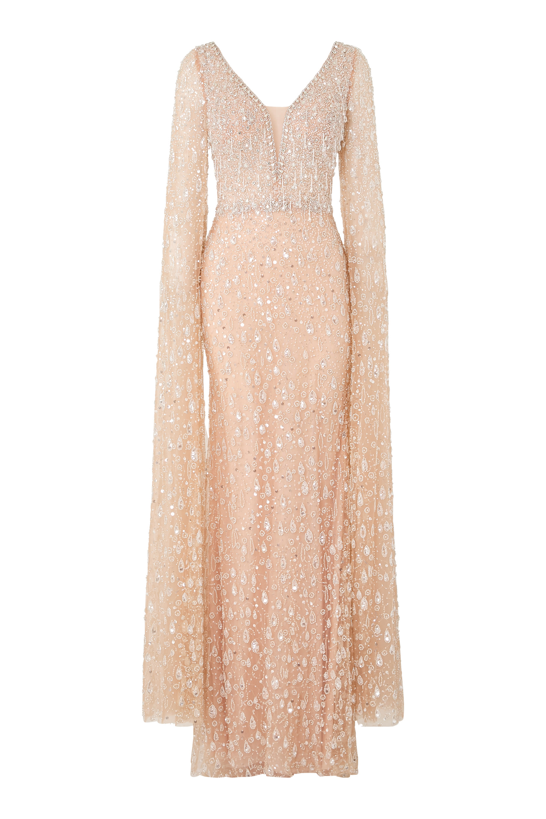 Embellished Gown with Deep V-Neck and Cape Sleeves