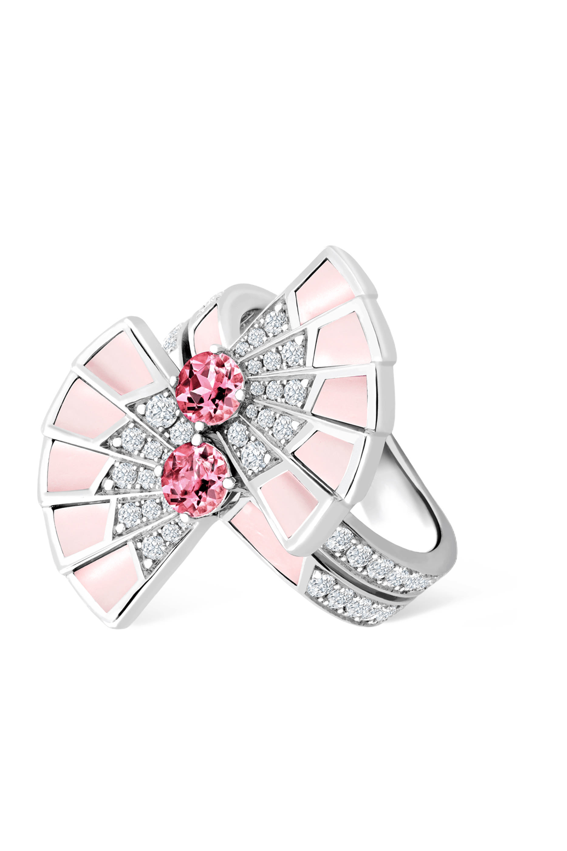 Fanfare Symphony Double Pink Tourmaline and Pink Opal Ring, 18K White Gold, Tourmaline & Diamonds