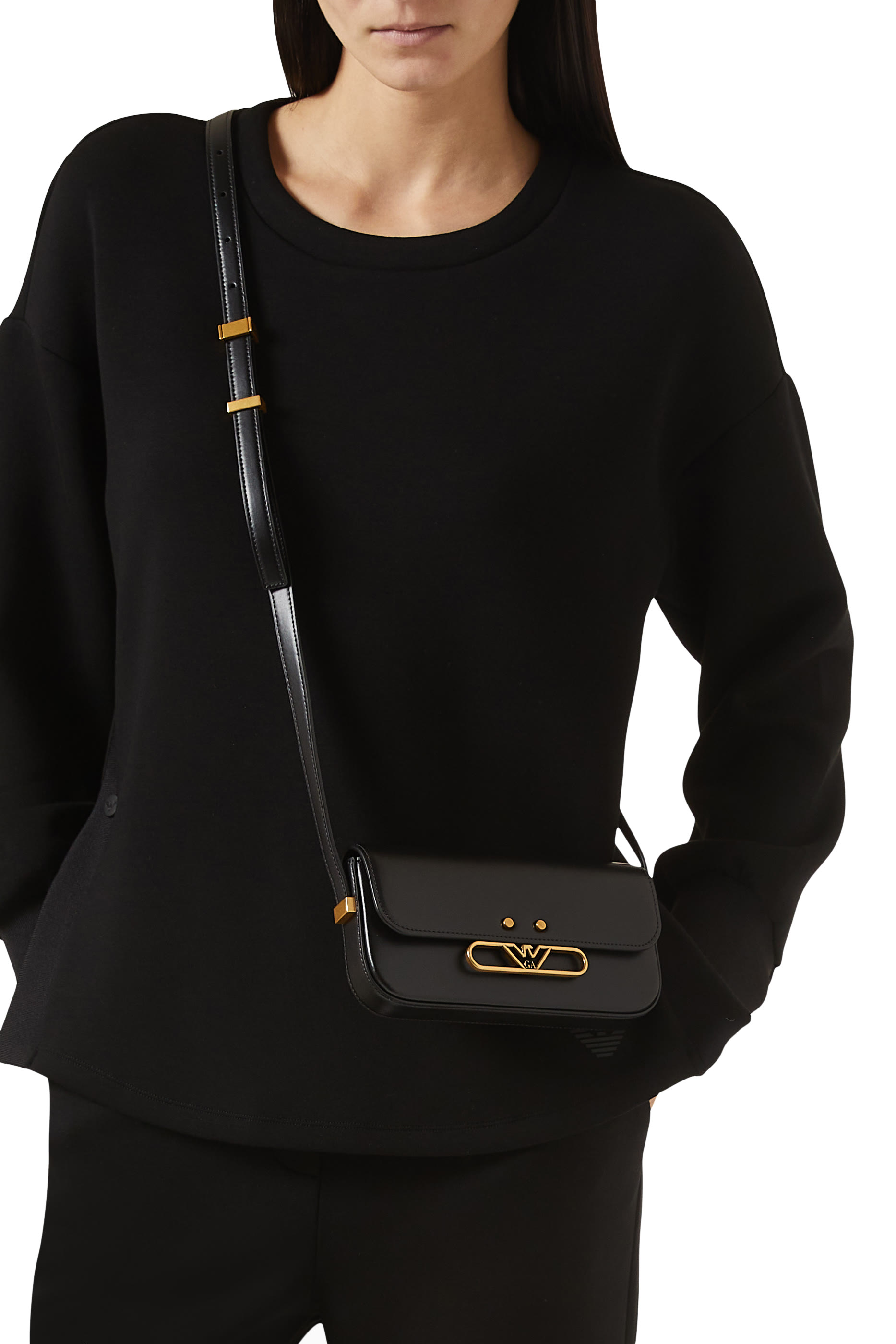 Metal Eagle Logo Smooth Leather Shoulder Bag