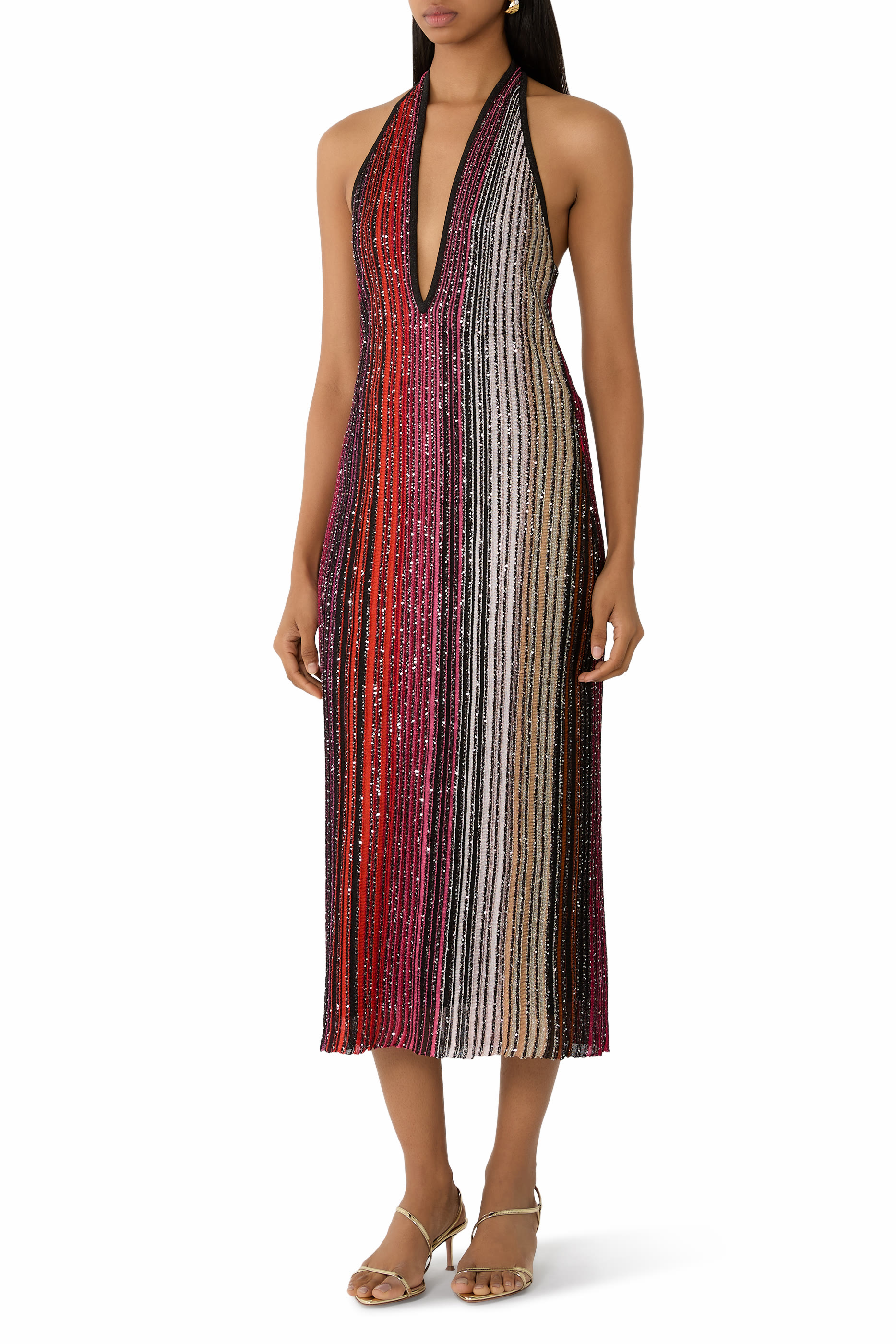 Sequins Striped Partialized V-Neck Midi Dress