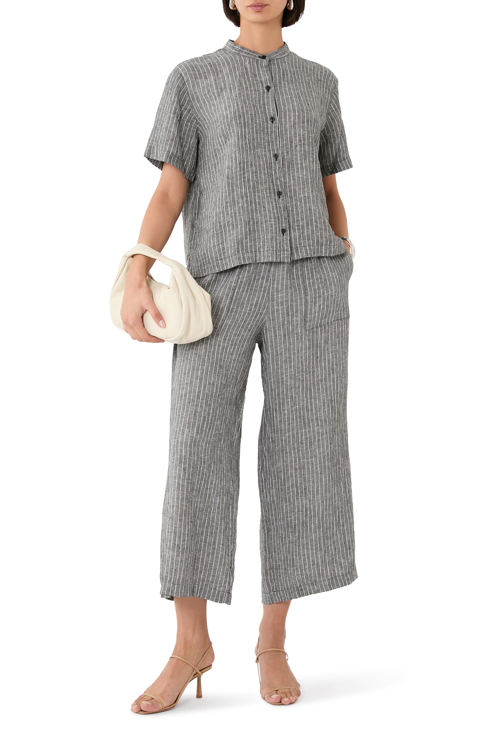 Puckered Organic Linen Band Collar Shirt 