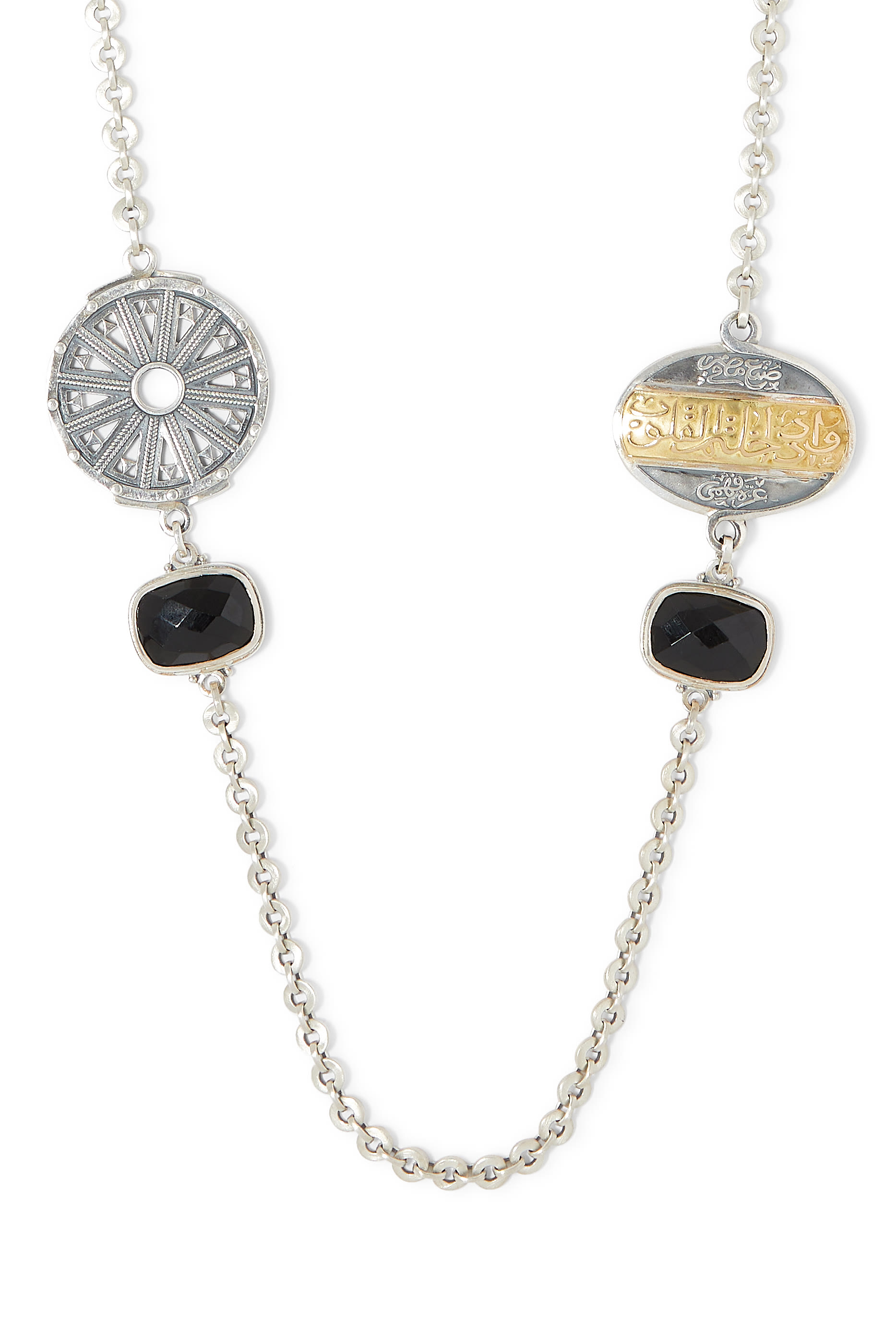 Nur Black Onyx and Garnet Be Kind Calligraphy Necklace, 18k Yellow Gold, Sterling Silver & Onyx, Garnet