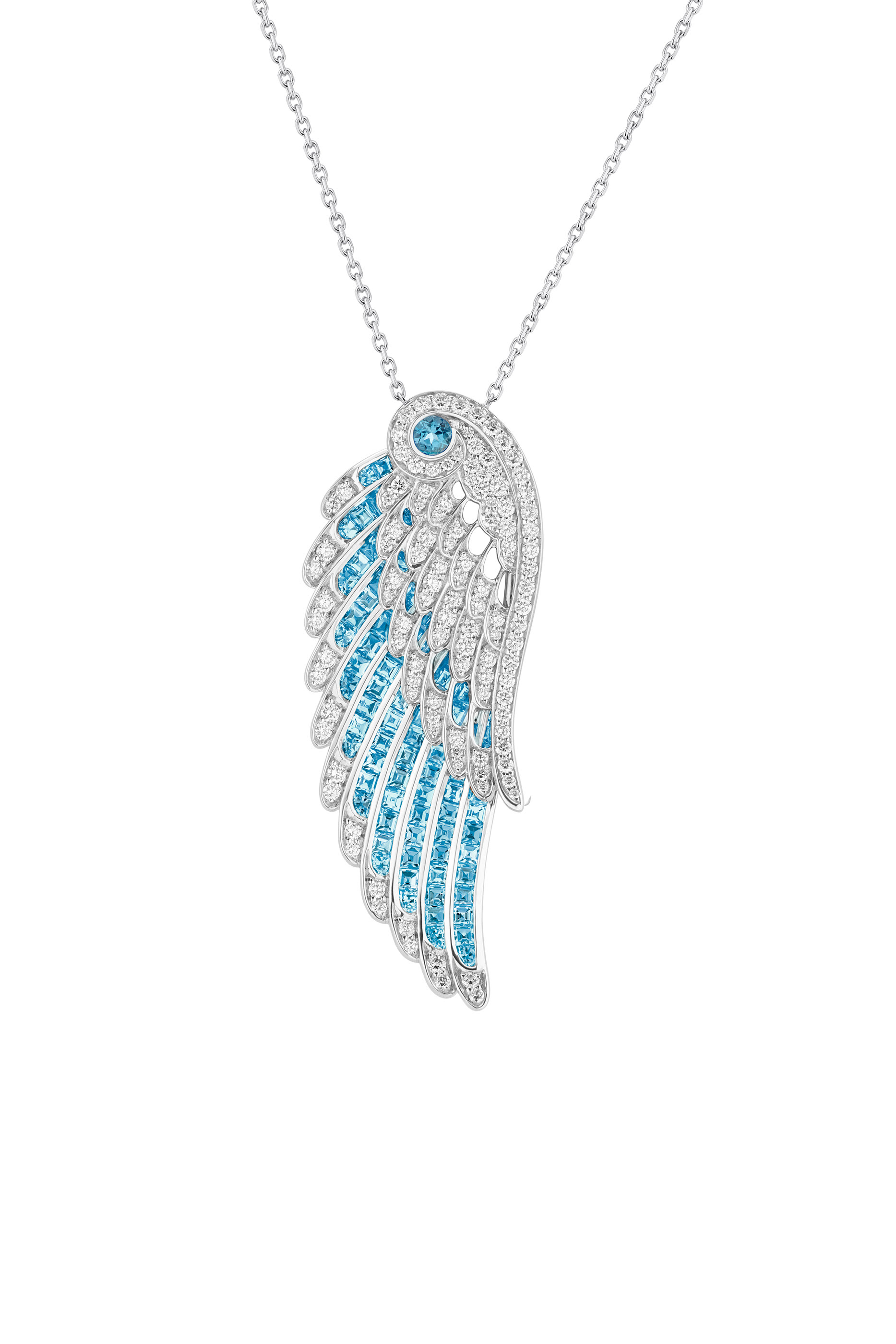 Wings Embrace Pendant, 18K White Gold with Aquamarines & Diamonds