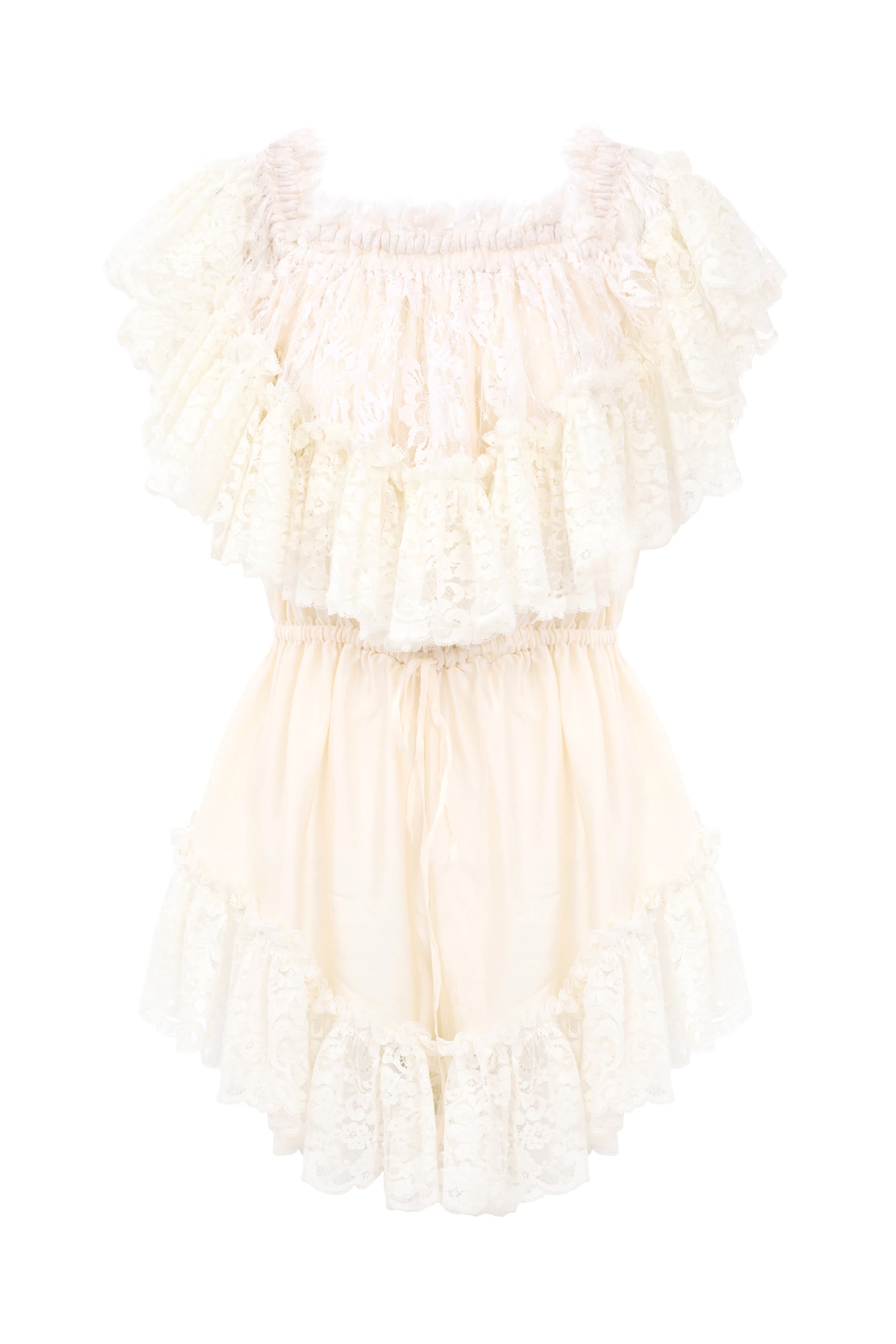 Off-the-Shoulder Mini Jumpsuit in Washed Silk Satin & Lace