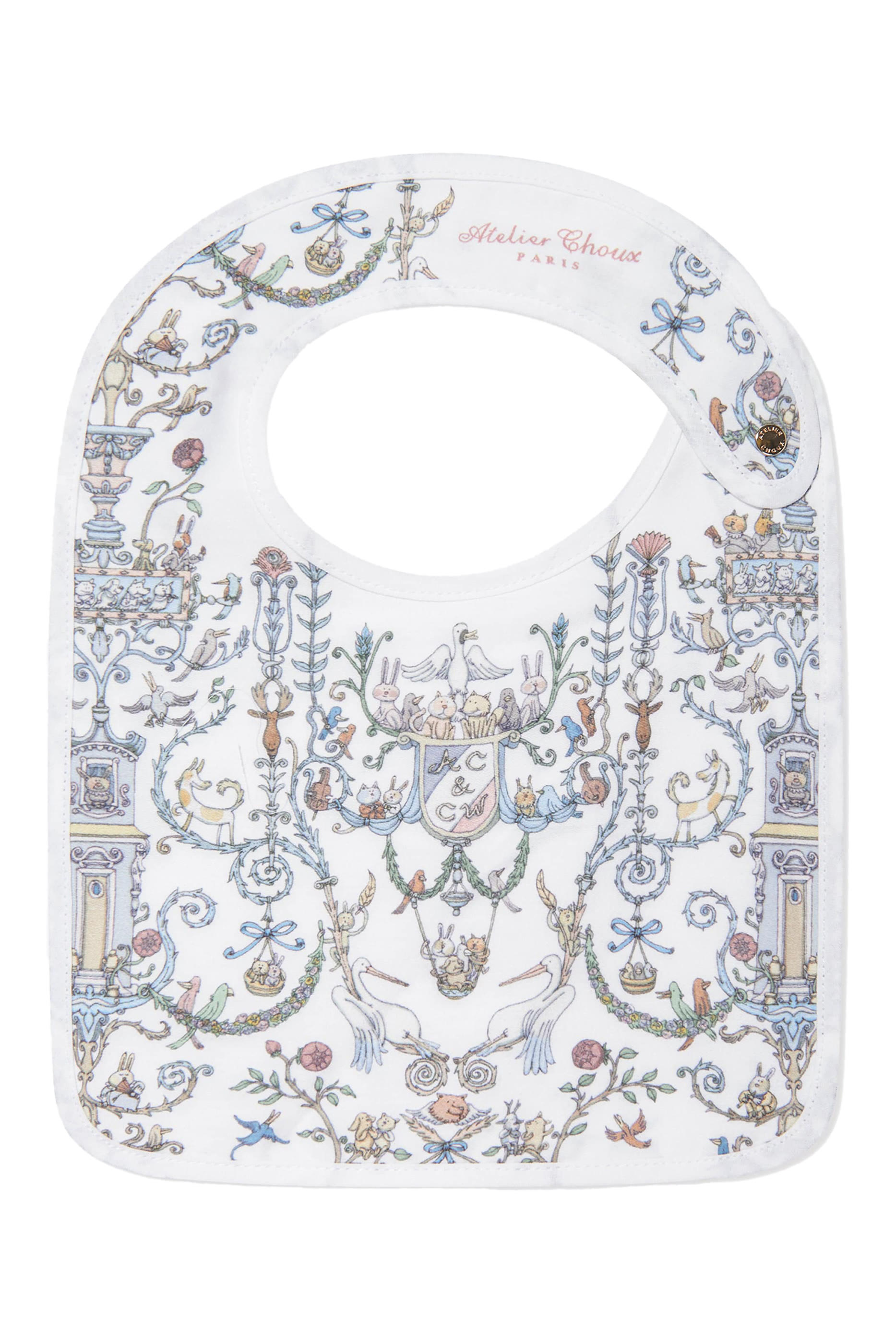 Carr&eacute; & Satin Bib Set in Toile de Jouy Blue