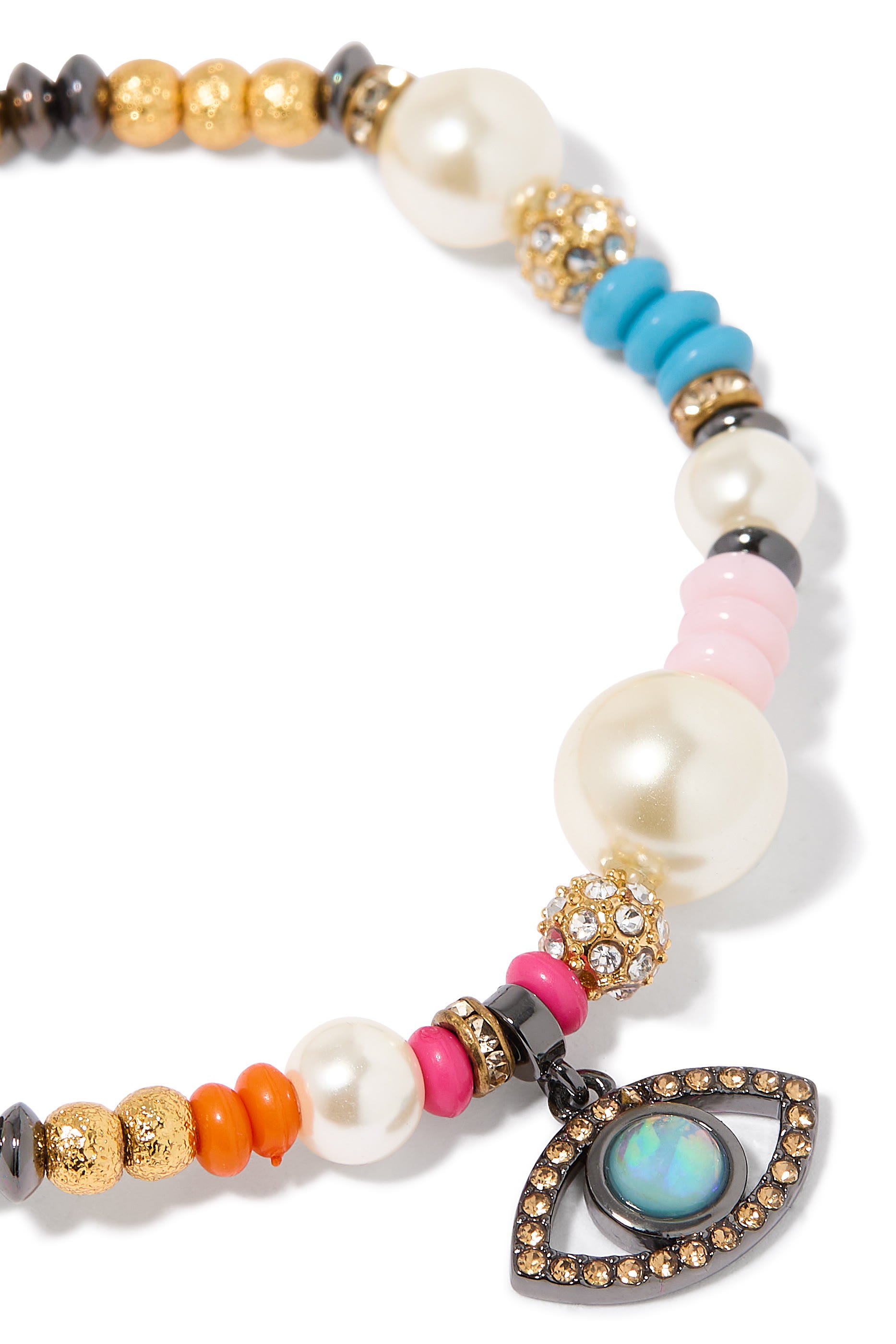 Evil Eye Charm Bead Bracelet, Brass & Acrylic Faux Pearl, Glass, Resin