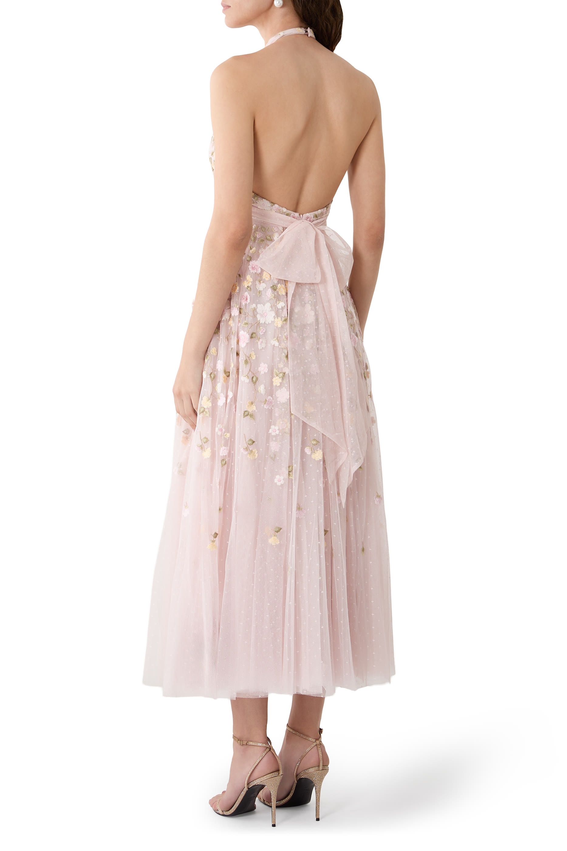 Trailing Roses Halter-Neck Ankle Gown