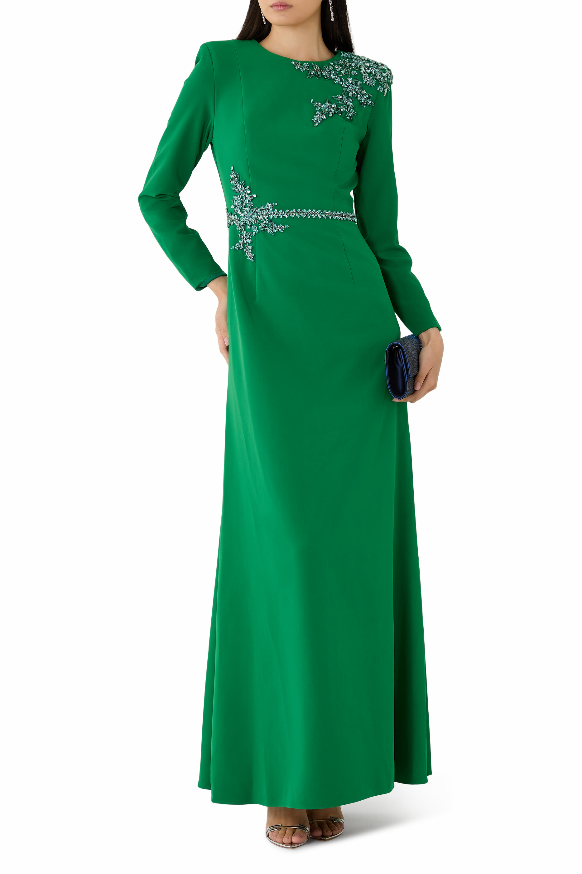  Long Sleeve Beaded Applique and Waist Trim Gown