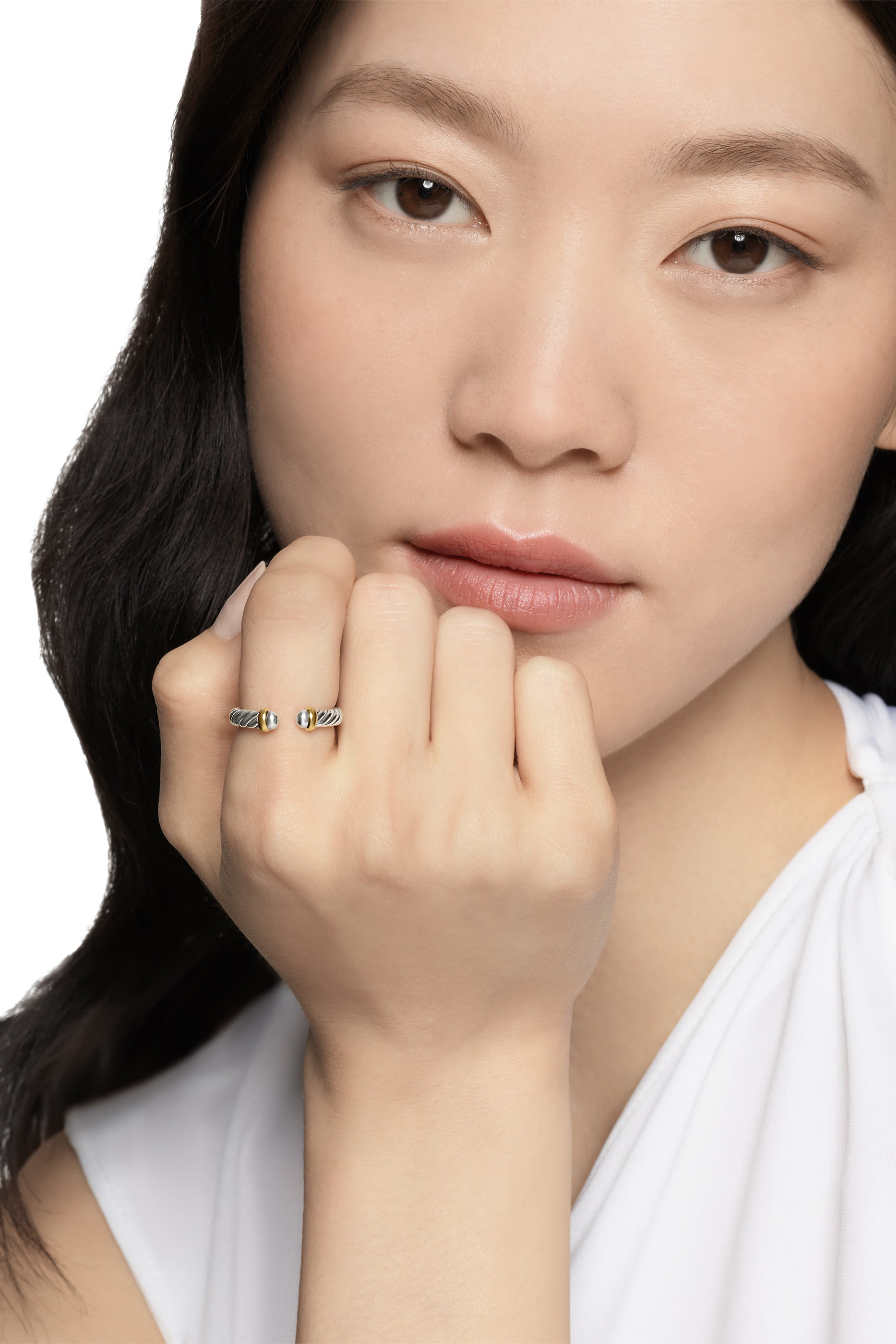 Petite Cable Open Ring, 14K Yellow Gold & Sterling Silver