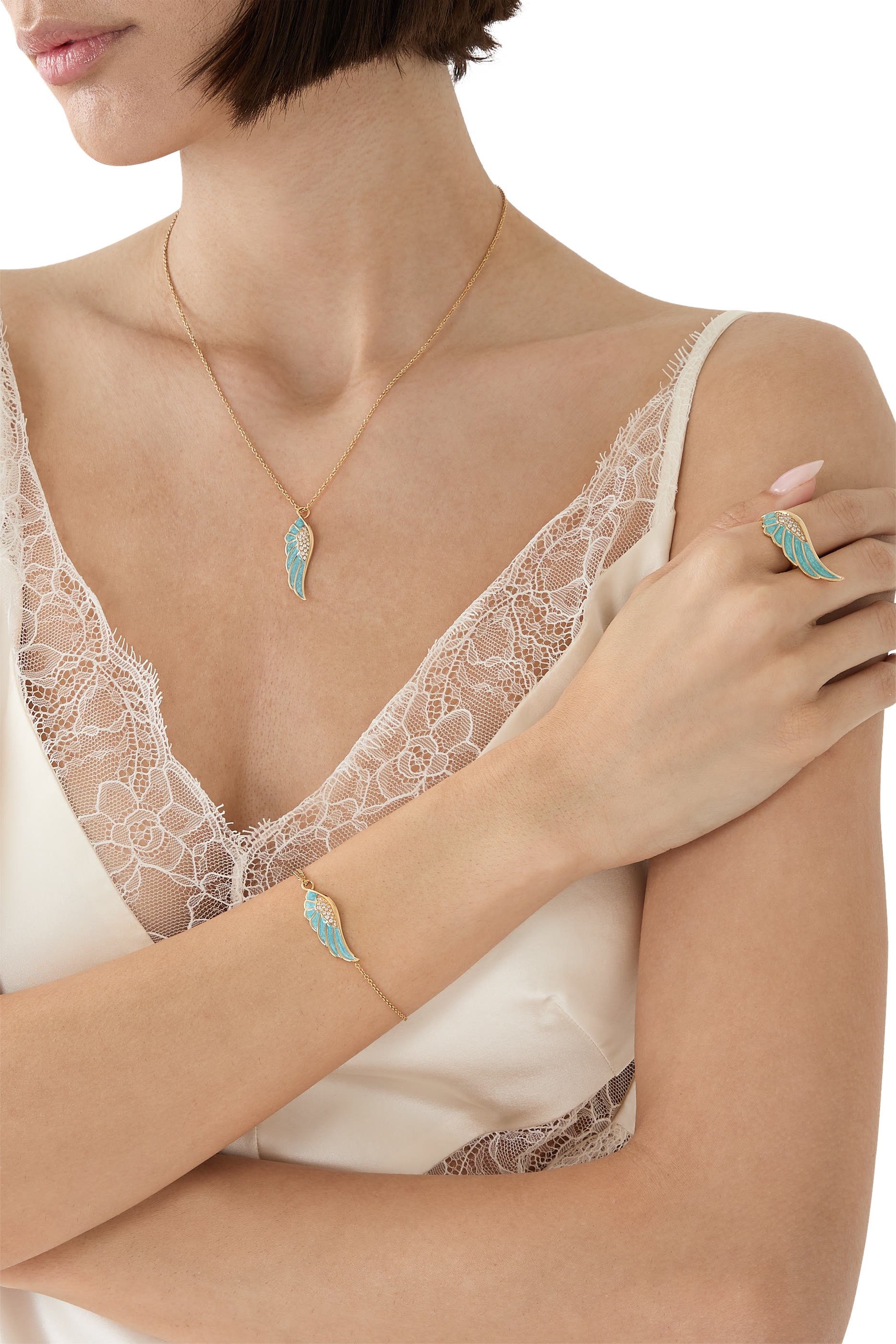 Wings Reflection Summer Ring, 18K Yellow Gold with Diamonds & Enamel