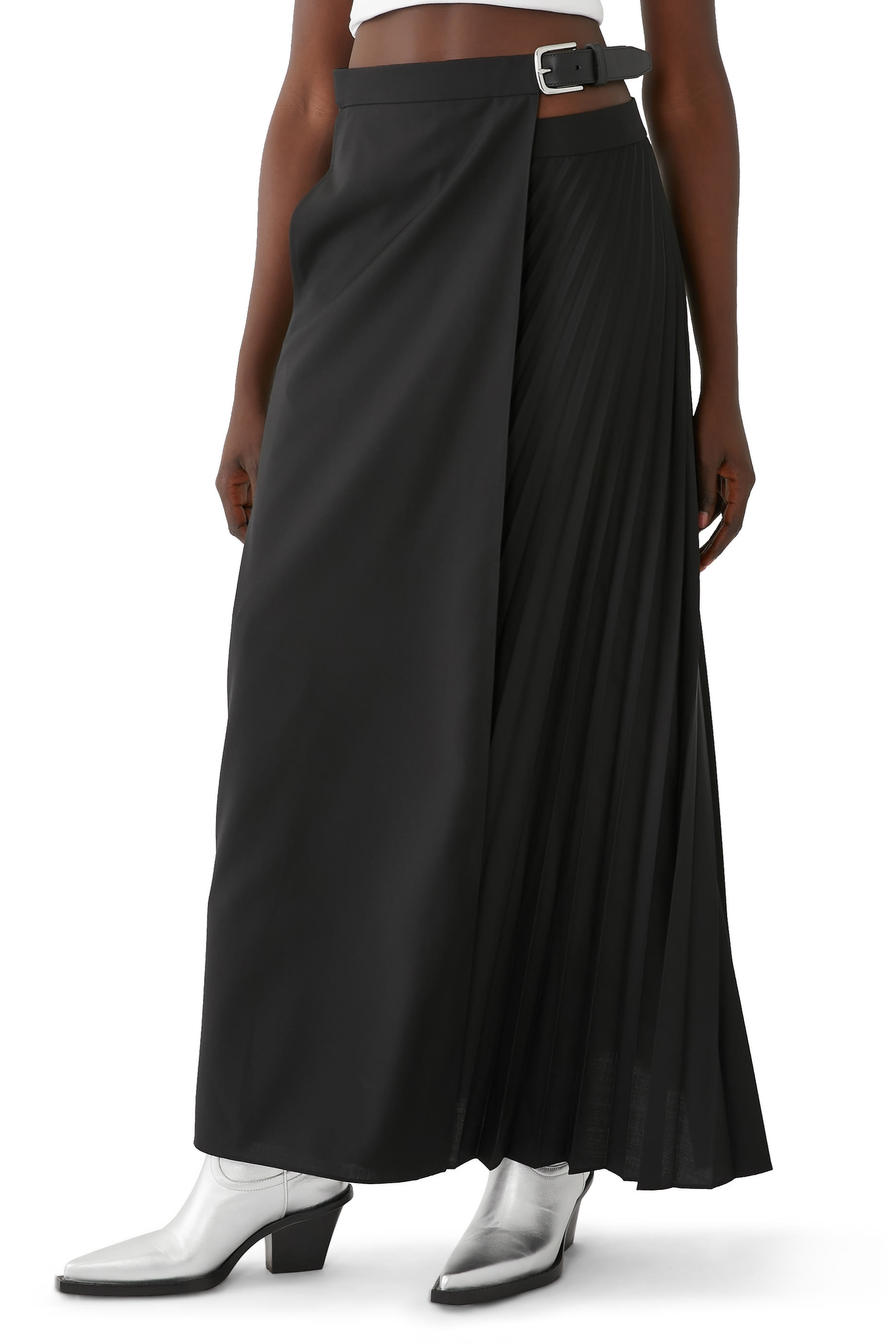 Tropical Wool Pleated Leather Belt Maxi Skirt