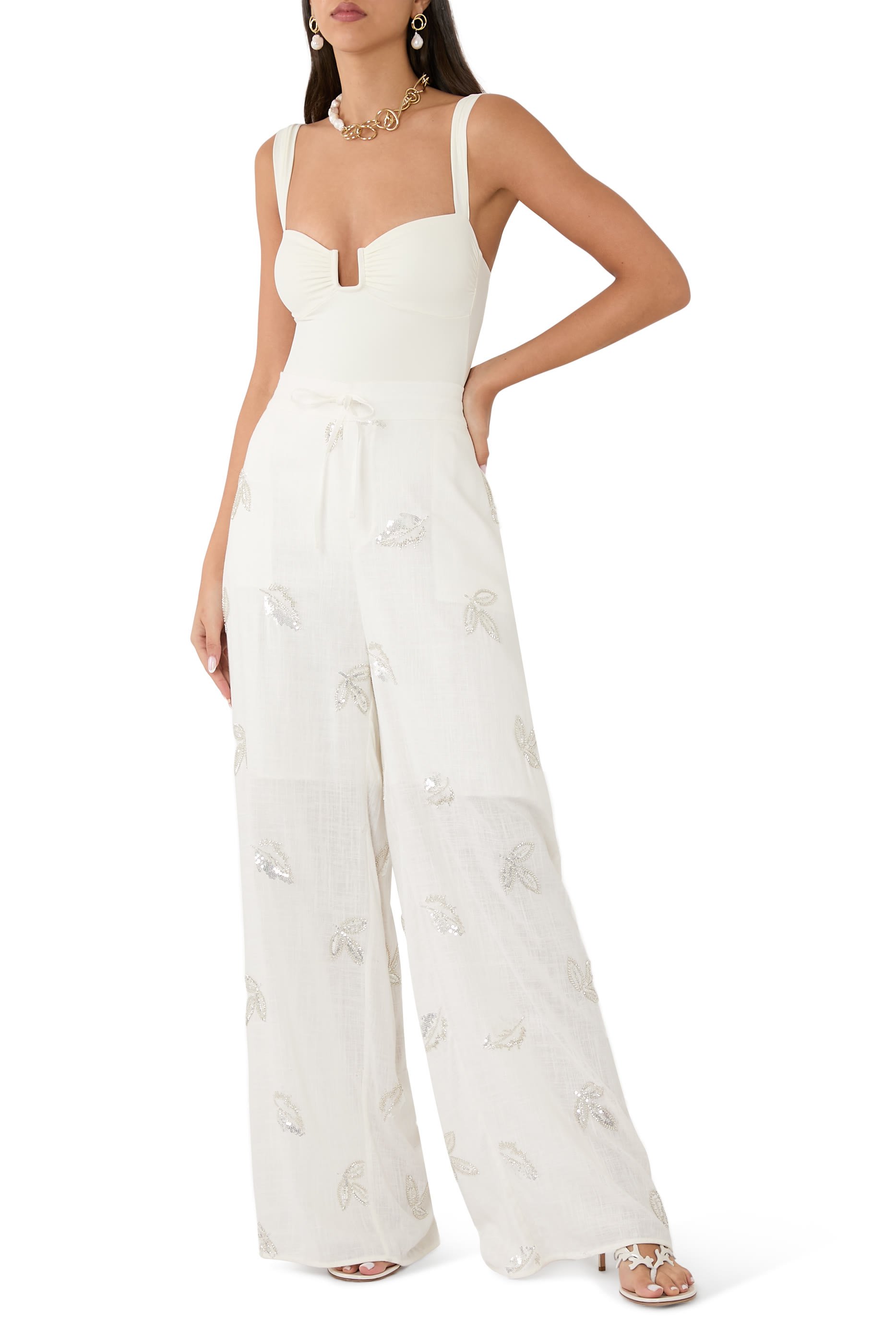 Embroidered Sequins Loose Linen Pajama Pants