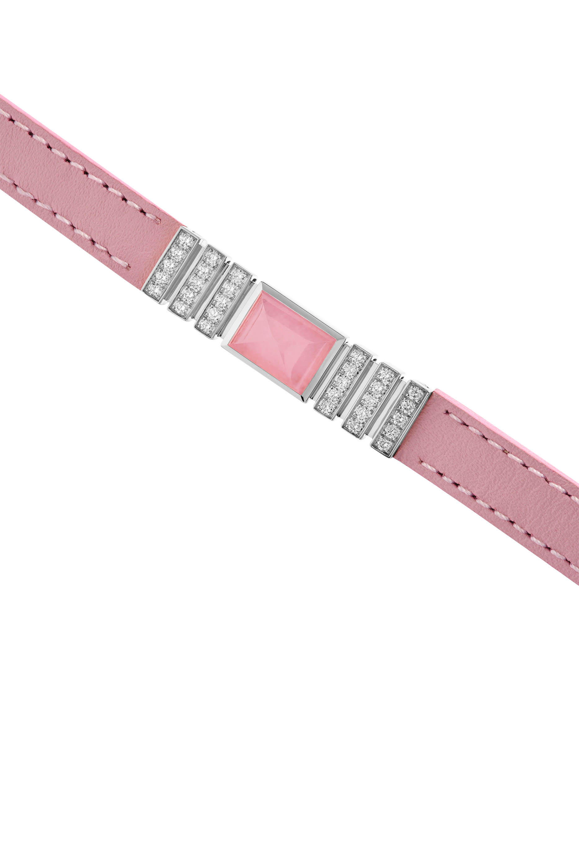 Unii Bracelet, 18k White Gold Pink Quartz & Diamond with Leather Strap