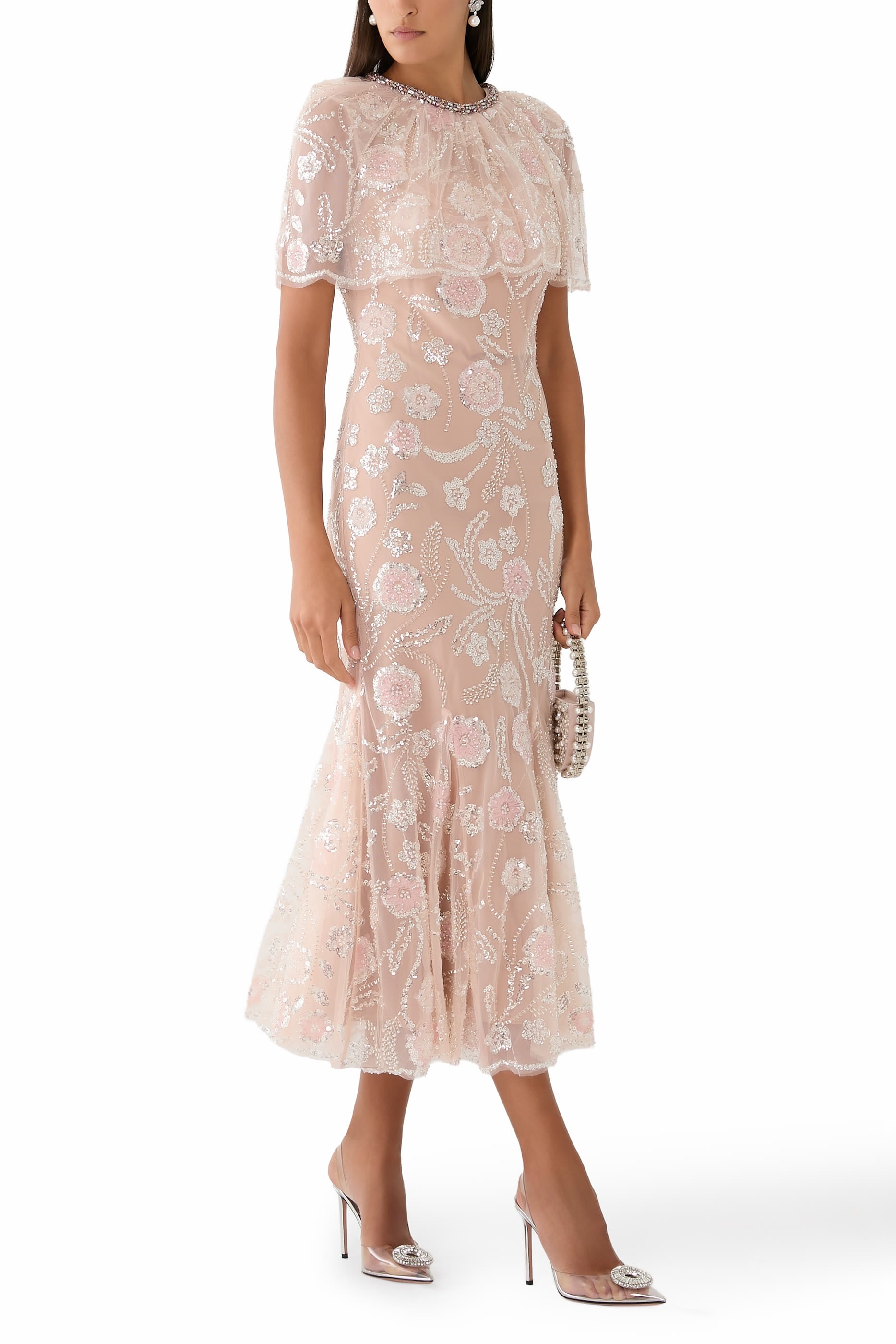 Embellished Cape Midi Dress