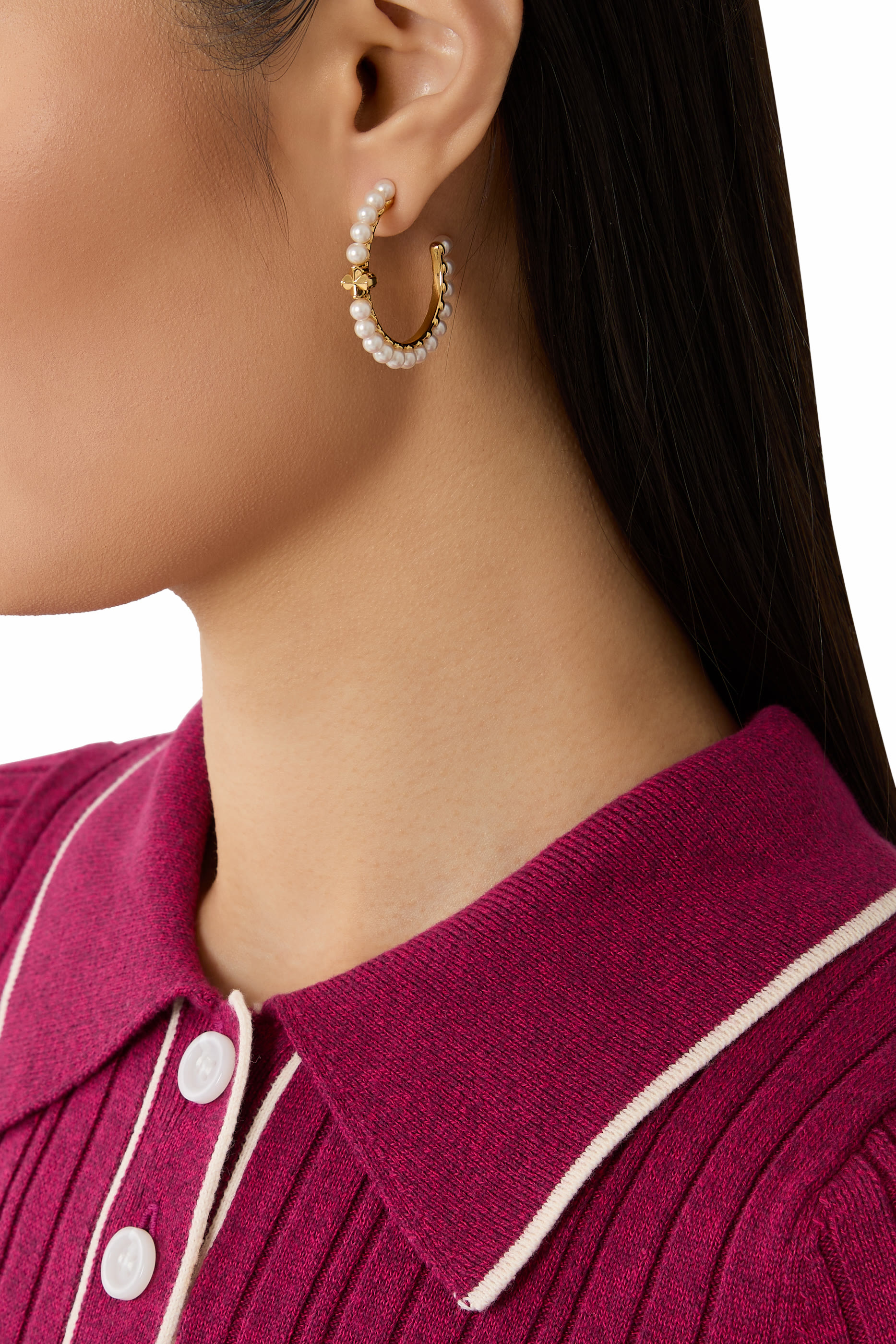 Spade Flower Pearl Hoops, Urea Resin Pearl & Cubic Zirconia