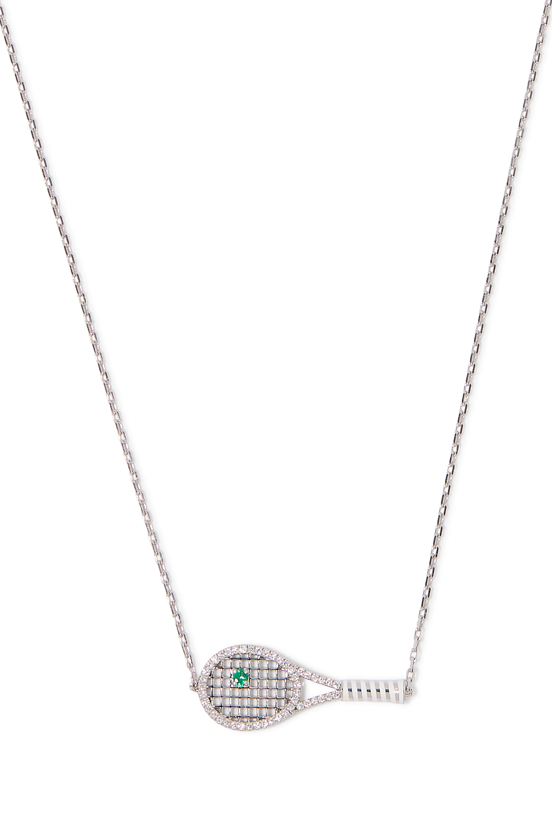 Tennis Racket Necklace, 18K White Gold with Diamonds, Emerald and White Enamel